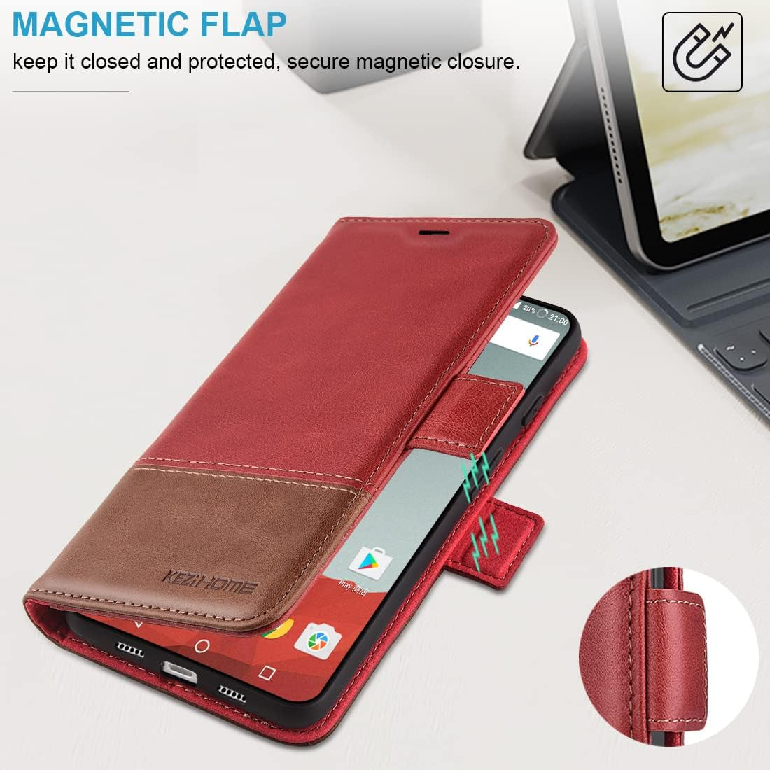 Kezihome Case for Google Pixel 7A, Genuine Leather Wallet Case with Card Holder [RFID Blocking] Kickstand Flip Protective Heavy Duty Phone Cover for Google Pixel 7A 5G 2023 (Red/Brown)  KEZiHOME   