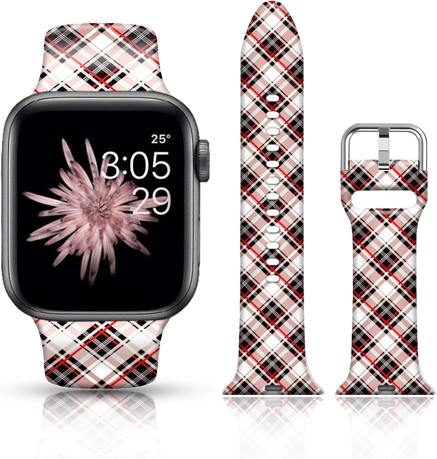 FTFCASE Silicone Floral Bands Compatible with Apple Watch 49Mm 45Mm 44Mm 42Mm, Gray Pattern Printed Soft Silicone Sport Strap Replacement for Iwatch SE Series 8 7 6 5 4 3 2 1 for Women Men Girls  FTFCASE Plaid - Red 38mm/40mm/41mm 