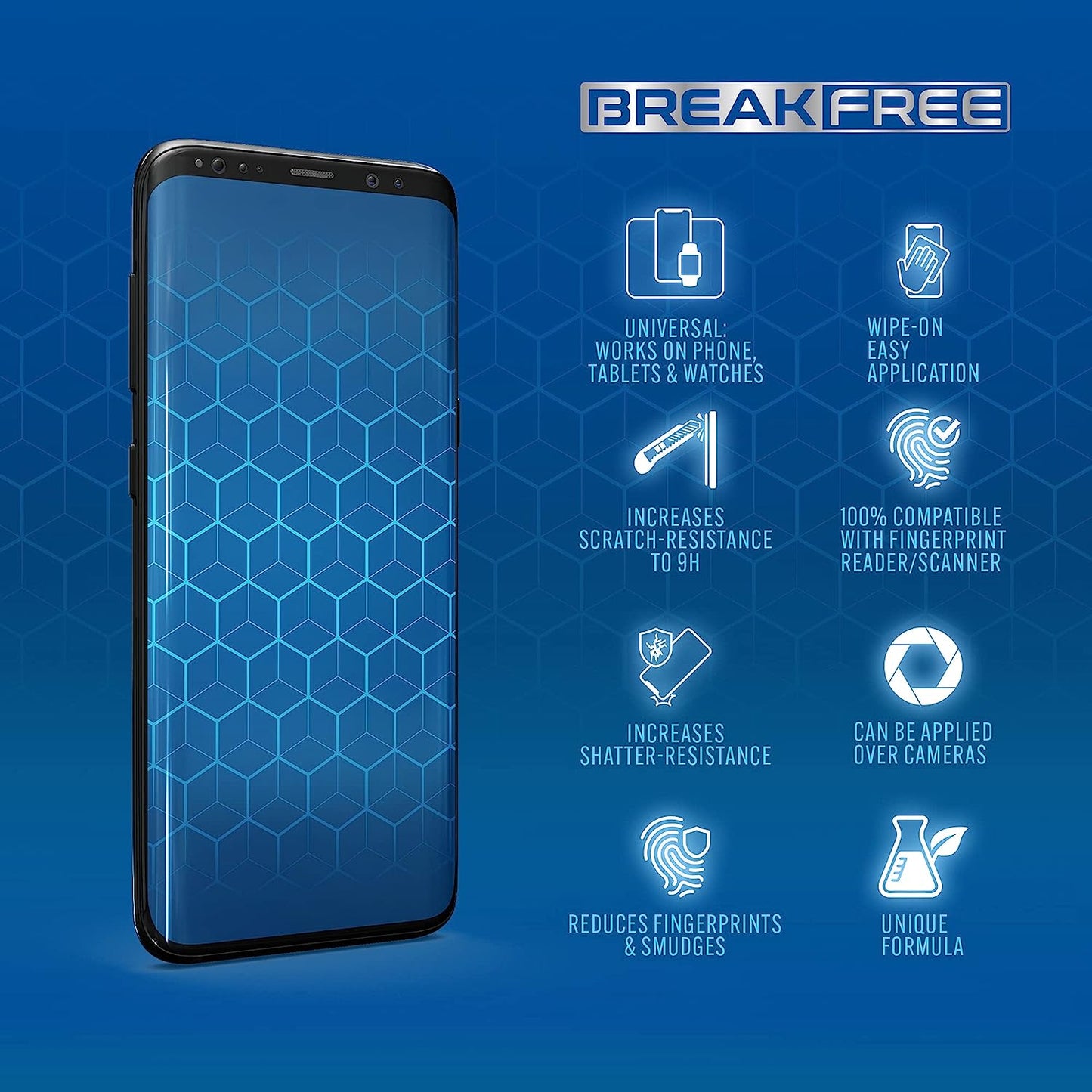 BREAK FREE Liquid Glass Screen Protector with $150 Coverage | Wipe on Scratch and Shatter Resistant Nano Protection for All Phones Tablets and Smart Watches - Universal Fit  BREAK FREE   