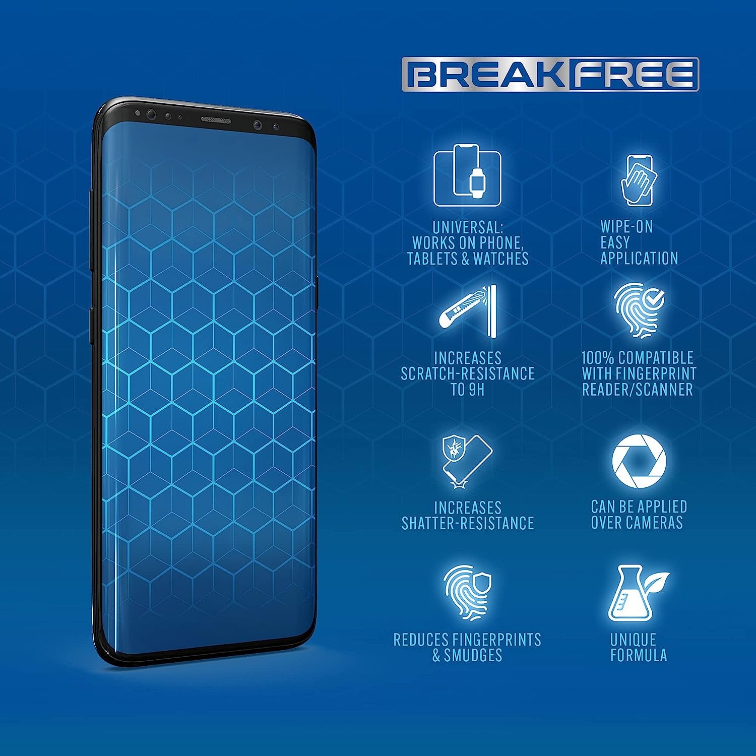 BREAK FREE Liquid Glass Screen Protector with $150 Coverage | Wipe on Scratch and Shatter Resistant Nano Protection for All Phones Tablets and Smart Watches - Universal Fit  BREAK FREE   