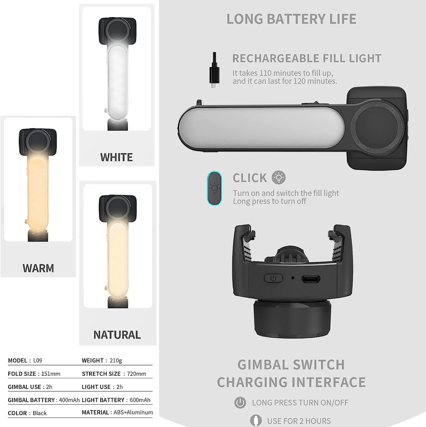 RIEIEK Mobile Phone Selfie Stick Tripod with Stabilizer, Electric Gimbal with Dual Color Temperature LED Light and Wireless Remote Control Handheld Retractable Camera Photo Stick Grip  RIEIEK   