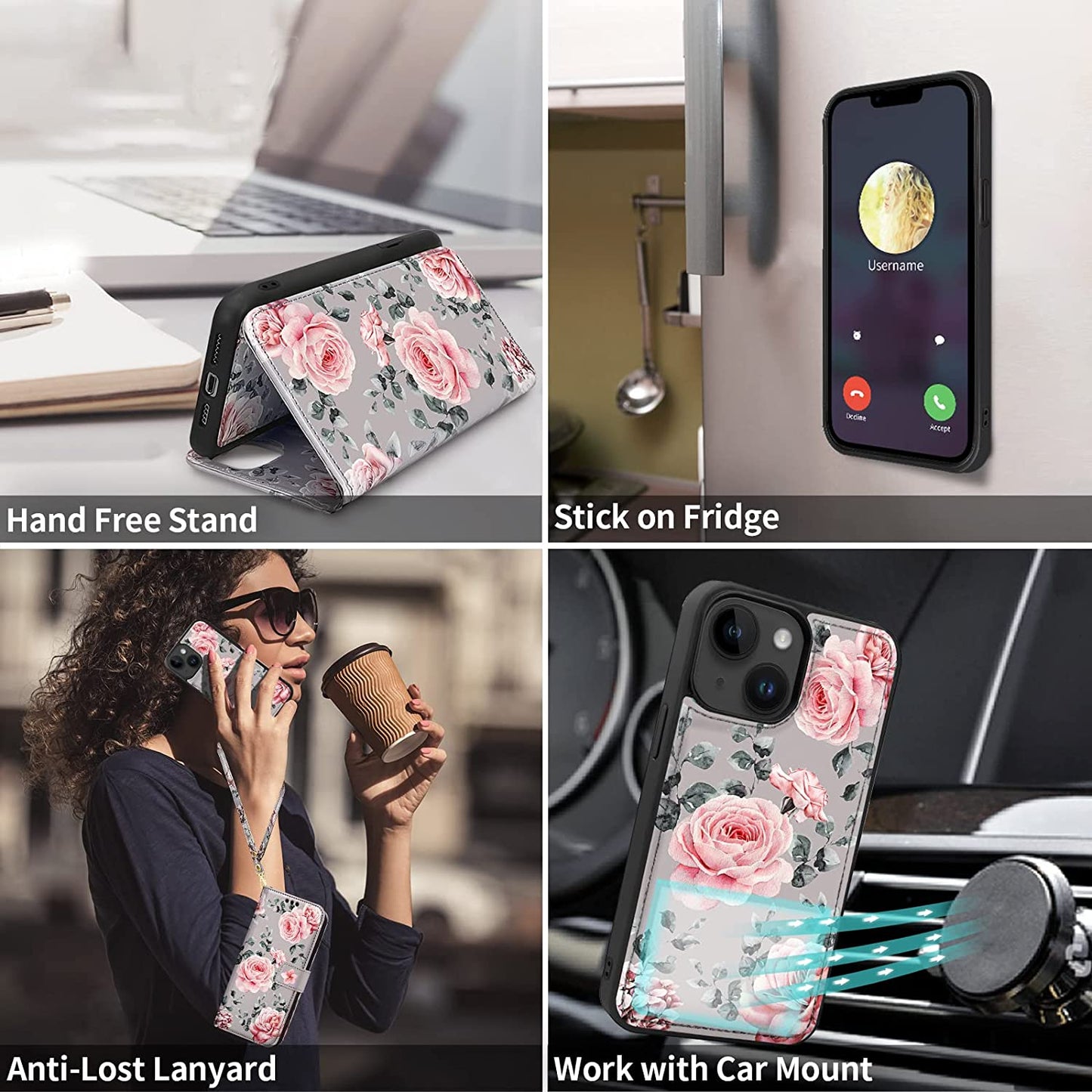 HOGGU Iphone 14 plus Case Wallet [Compatible with Magsafe] Magnetic Detachable Floral Flip PU Leather Case with Card Holder RFID Blocking, Hand Strap, Iphone 14 plus Wallet Case for Women Girls-Gray  HOGGU   