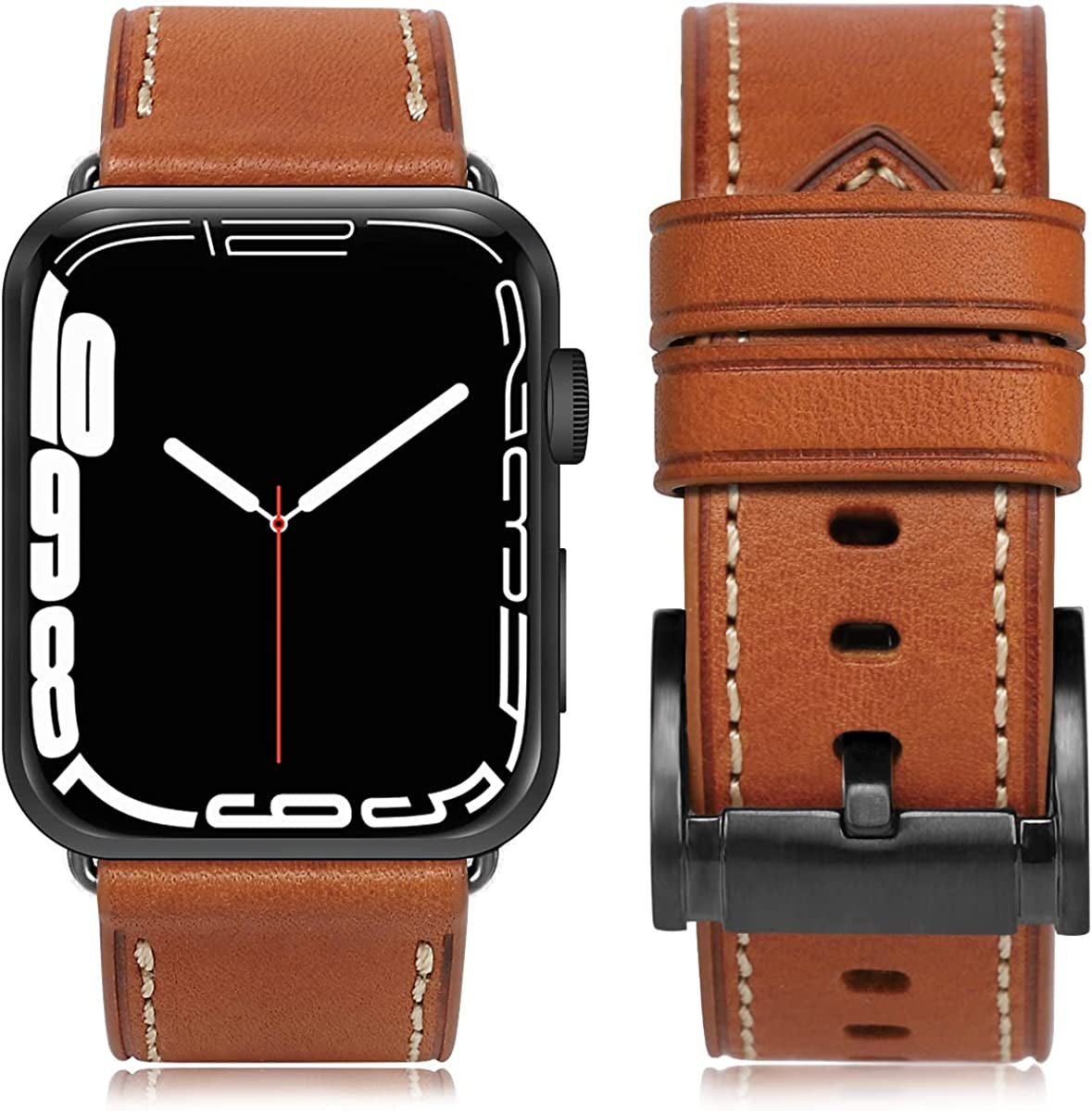 HUAFIY Compatible for Apple Watch Bands 42Mm 44Mm45Mm 49Mm 38Mm 40Mm41Mm, Genuine Leather Band Strap for Iwatch Series 8,7,6,5,4,3,2,1, Ultra Sport SE  huahuei Vegetable Tanned Leather Brown Black Buckle 38mm 40mm41mm 
