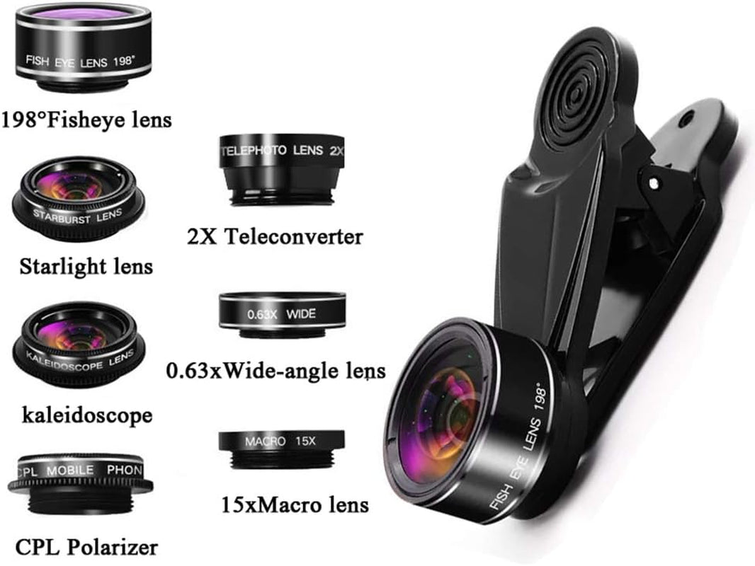 8 in 1 Phone Camera Lens Kit, 0.63Wide Angle Lens+15X Macro+198°Fisheye+2X Telephoto+Kaleidoscope+Cpl/Starlight/Universal Clip, Zoom Compatible with Iphone Samsung Smartphones (Black)  Bsy Digital   