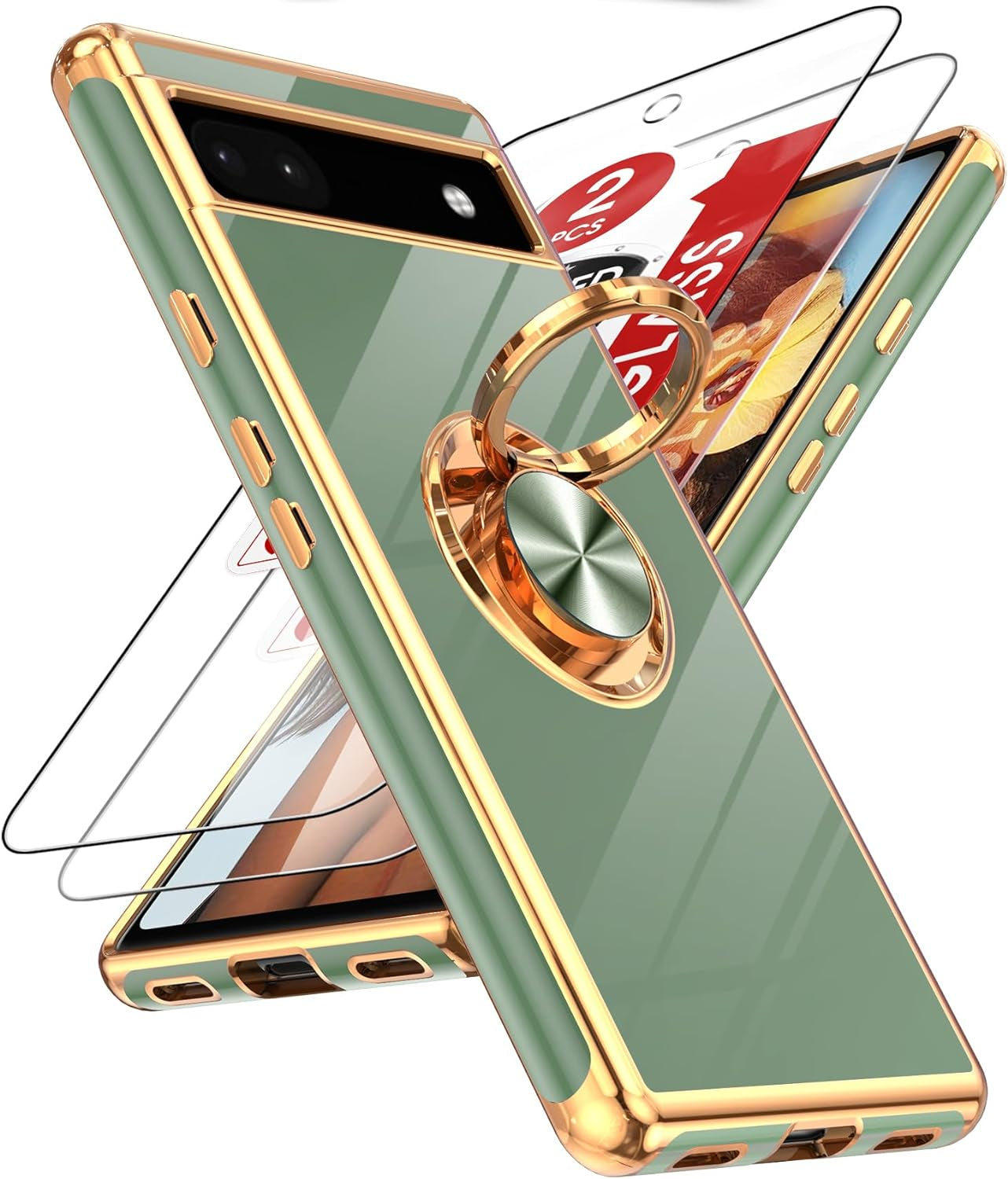 Leyi for Pixel 6A Case: with Tempered Glass Screen Protector [2 Pack] 360° Rotatable Ring Holder Magnetic Kickstand, Plating Rose Gold Edge Protective Google Pixel 6A Case, Pink  LeYi Green Google Pixel 6A 