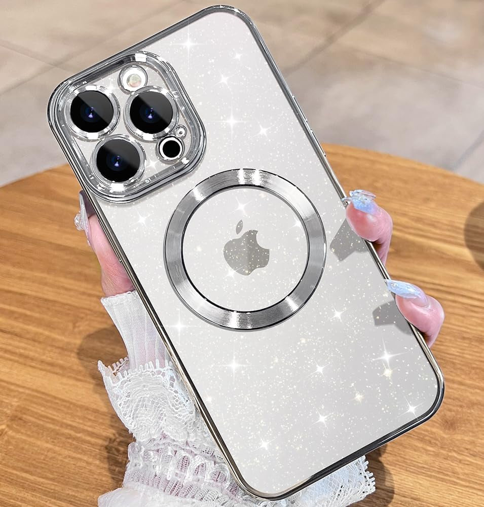 JUESHITUO Magnetic Clear for Iphone 14 Pro Max Case with Full Camera Protection [No.1 Strong N52 Magnets] [Military Grade Drop Protection] for Magsafe Women Girls Men Phone Case (6.7")-Deep Purple  JUESHITUO H-Glitter Silver  