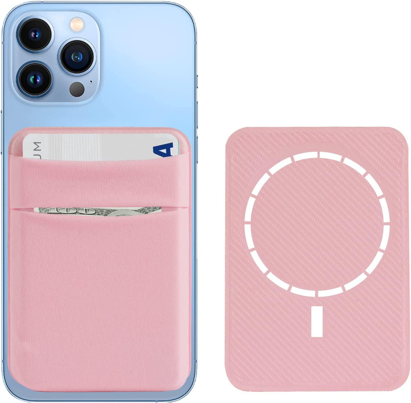 Yesdoes Magnetic Phone Card Holder,Compatible with Magsafe,Stretchy Lycra Double Pocket Wallet,Credit ID Card Cash Pouch,Mag Safe Phone Sleeve Case,Design for Iphone 14,13,12,Plus,Pro,Pro Max Black  YesDoes Pink  