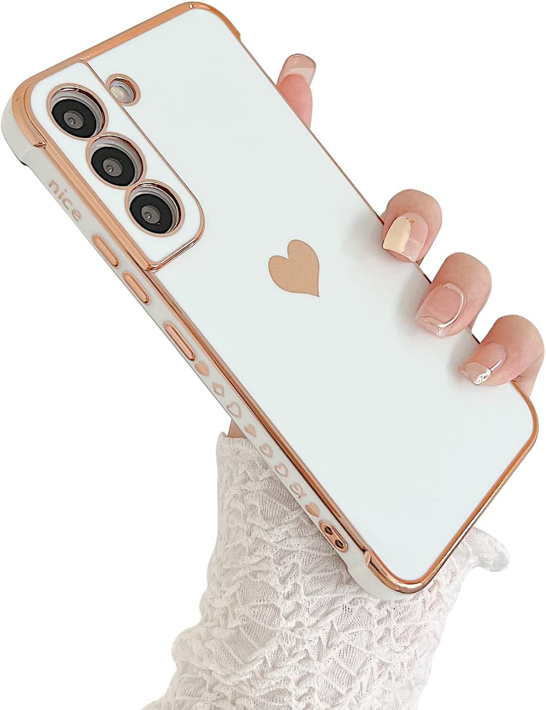 Phylla Design for Samsung Galaxy S22 Plus/S22+ Phone Case,Cute Love Heart Luxury Gold Plating Edge Case for Women Men Camera Protection Shockproof Bumper with Side Small Heart Pattern (Blue)  phylla\1 White  