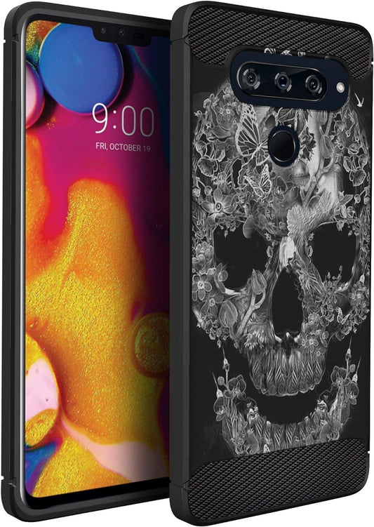 Casesondeck Slim Case Compatible with [LG V40 Thinq] Thin Scratch Preventing TPU, Matte Finish Carbon Fiber Texture Edges (Flower Skull)  CasesonDeck   