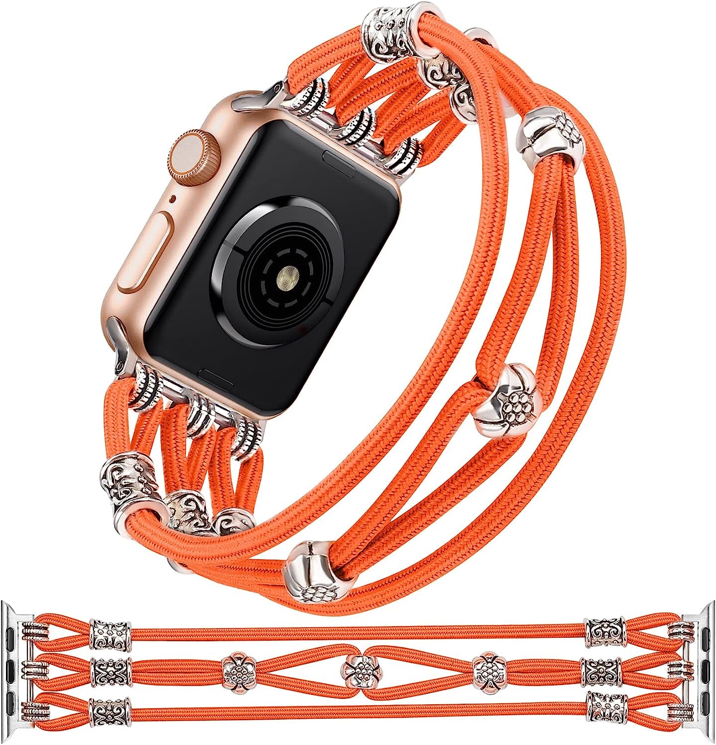 TOYOUTHS Beaded Bracelet Compatible with Apple Watch Band 38Mm 40Mm 41Mm Women, Premium Braided Nylon Elastic Stretchy Boho Cute Fancy Charms Solo Loop Strap for Iwatch Series 8/SE/7/6/5/4/3/2/1, M  TOYOUTHS Orange 38mm/40mm/41mm M 