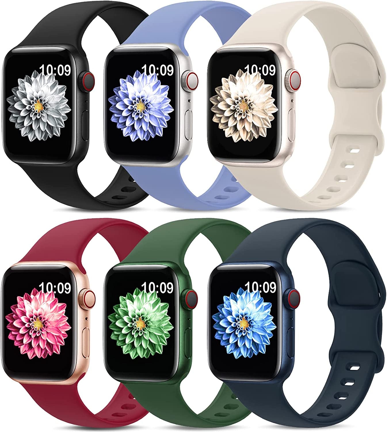 6 Pack Sport Bands Compatible with Apple Watch Band 38Mm 40Mm 41Mm 42Mm 44Mm 45Mm 49Mm,Soft Silicone Waterproof Strap Compatible with Iwatch Apple Watch Series Ultra 8 7 6 5 4 3 2 1 SE Women Men  AMSKY Black/English Lavender/Starlight/Midnight/Clover/Burgundy 38/40/41 mm 