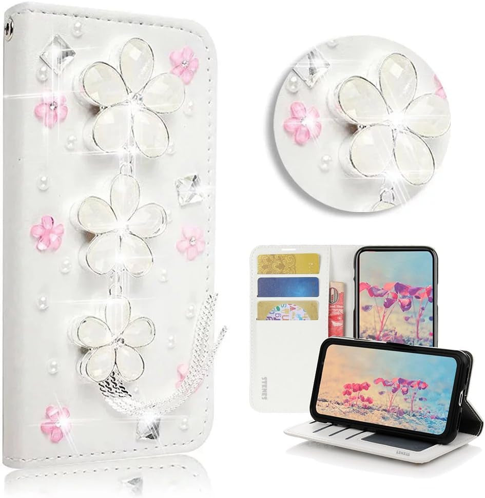 STENES LG G6 Case, LG G6 plus Case - STYLISH - 3D Handmade Bling Crystal Girls Fairy Floral Design Wallet Credit Card Slots Fold Stand Leather Cover Case for LG G6/LG G6 plus - White  STENES Floral Tassel Pendant / White  