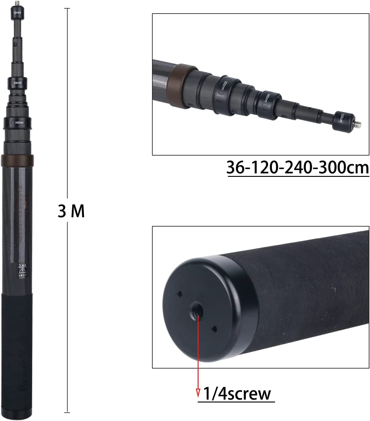 New 36Cm to 3M Invisible Carbon Fiber Monopod Selfie Stick for Insta360 Insta 360 ONE X3 X2 ONE RS One R ONE X Camera Accessories  QiShang   