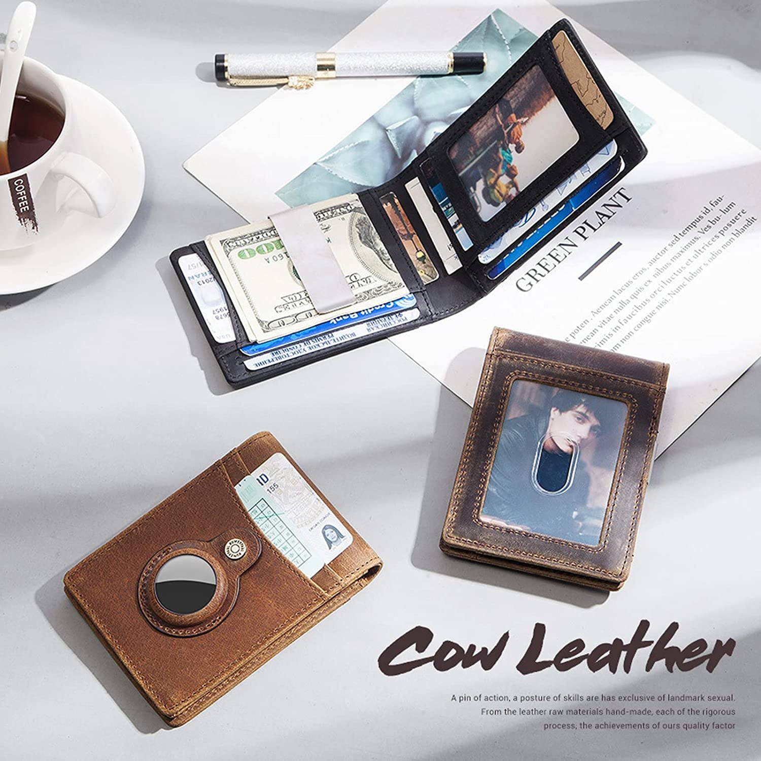 Mens Money Clip Wallet with Airtag Slot RFID Blocking with 2 ID Windows, Fashion Art Vintage Wallet for Him  AdirMi   