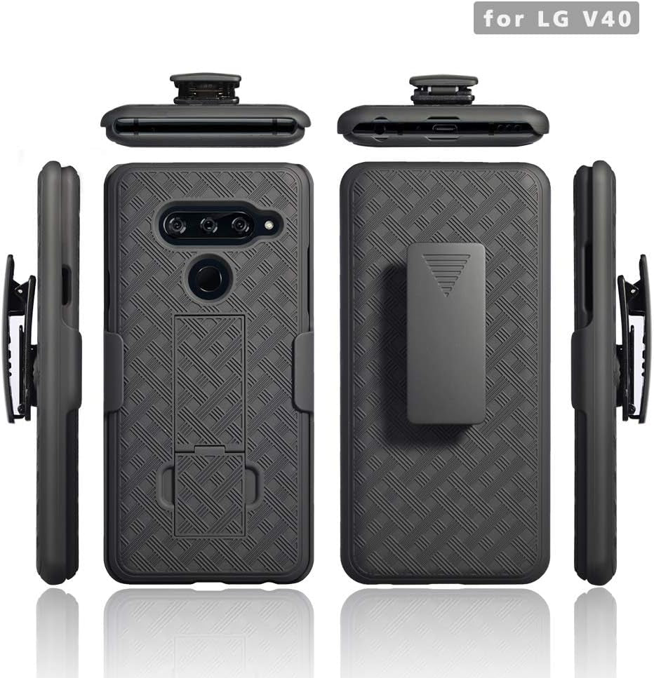 Compatible with LG V40, LG V40 Thinq Rubberized Slim Armor Shell Swivel Hybrid Holster Defender Combo Case with Belt Clip & Kickstand for LG V40 with Tempered Glass Screen  Customerfirst   