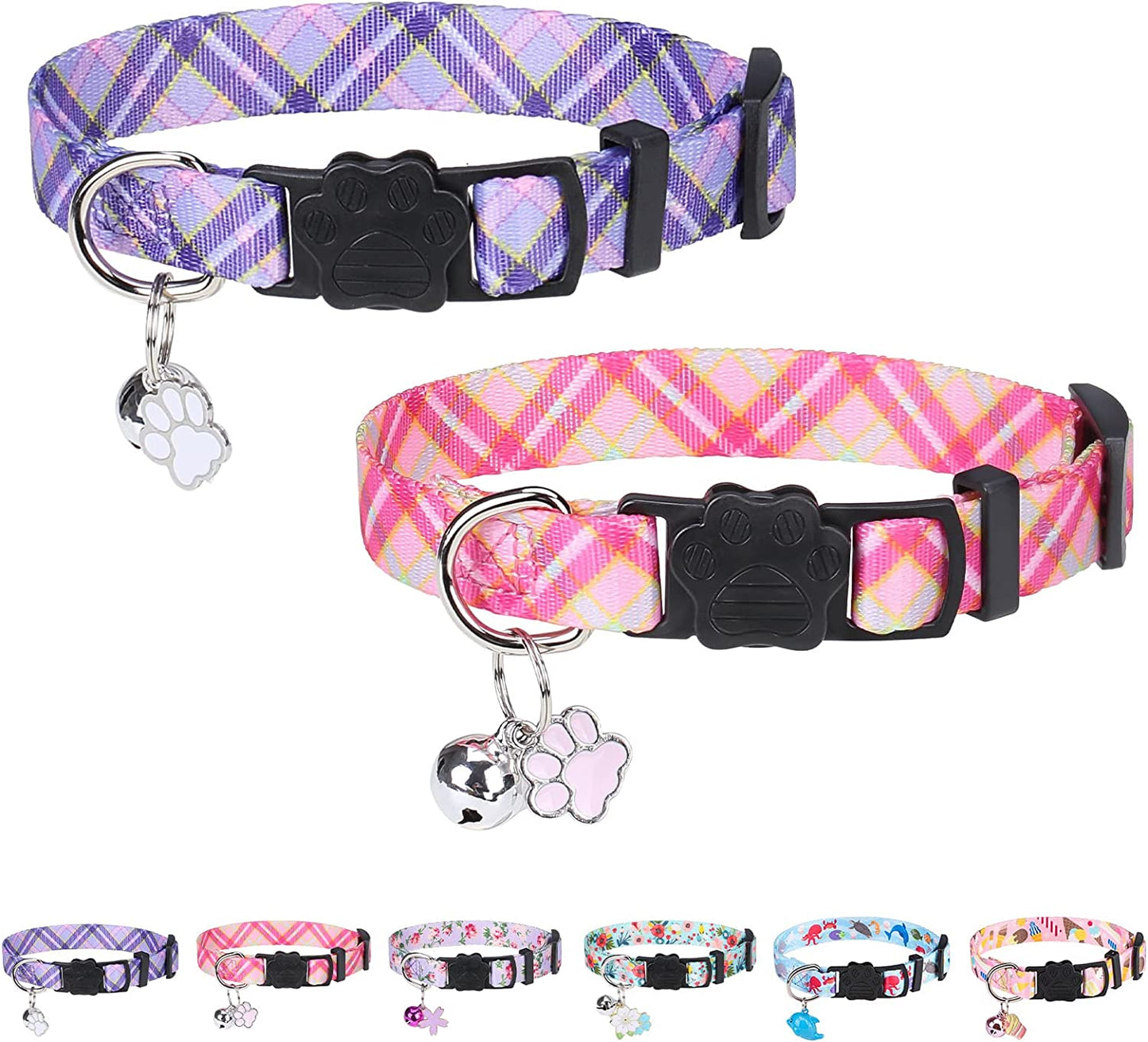 DILLYBUD Reflective Cat Collars Breakaway for Big Cats/Adult Cats Boys and Girls with Bell and Charm, 3/5" Width Safety Buckle Nylon Kitten Collar, 2 Pack Adjustable Soft Cute Pet Collar for Summer  DILLYBUD 2 Pack-Purple+Pink 3/5" Width 