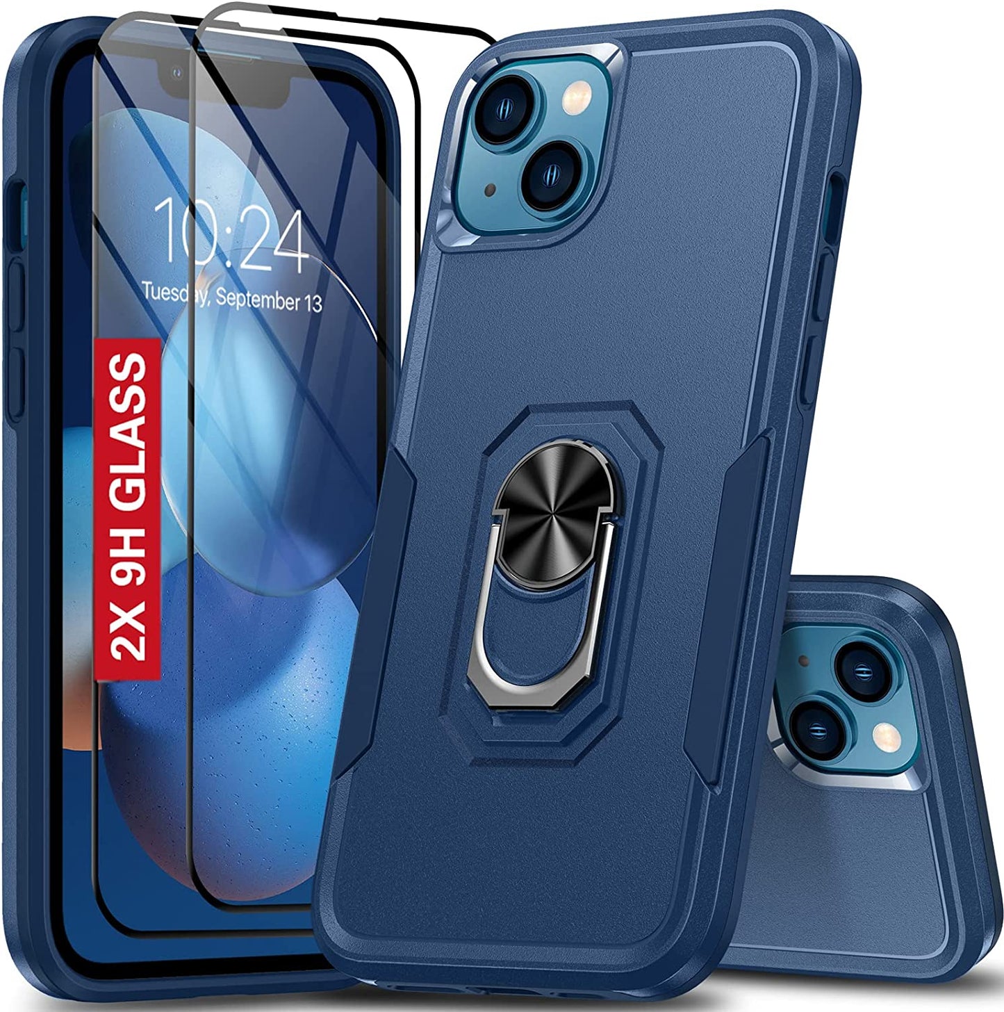 Oterkin for Iphone 14 Pro Case,Iphone 14 Pro Phone Case with [360°Rotatable Stand Ring][2Pcs 9H HD Tempered Glass Screen Protector][10Ft Military Grade Shockproof] Case for Iphone 14 Pro (Blue)  Oterkin Navy Iphone 14 Plus 