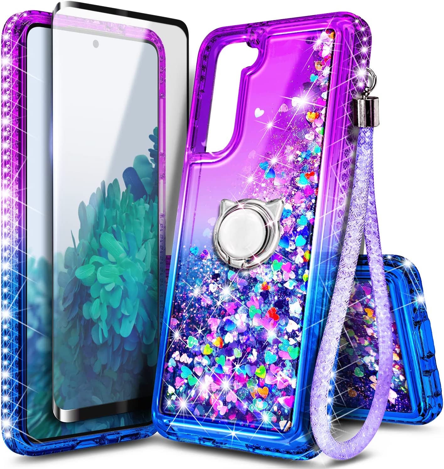 NGB Case for Samsung Galaxy S21 plus with Screen Protector (Maximum Coverage, Flexible TPU Film), Ring Holder, Girls Women Liquid Bling Sparkle Fashion Glitter Clear Cute Case (Pink/Aqua)  NGB Purple/Blue  