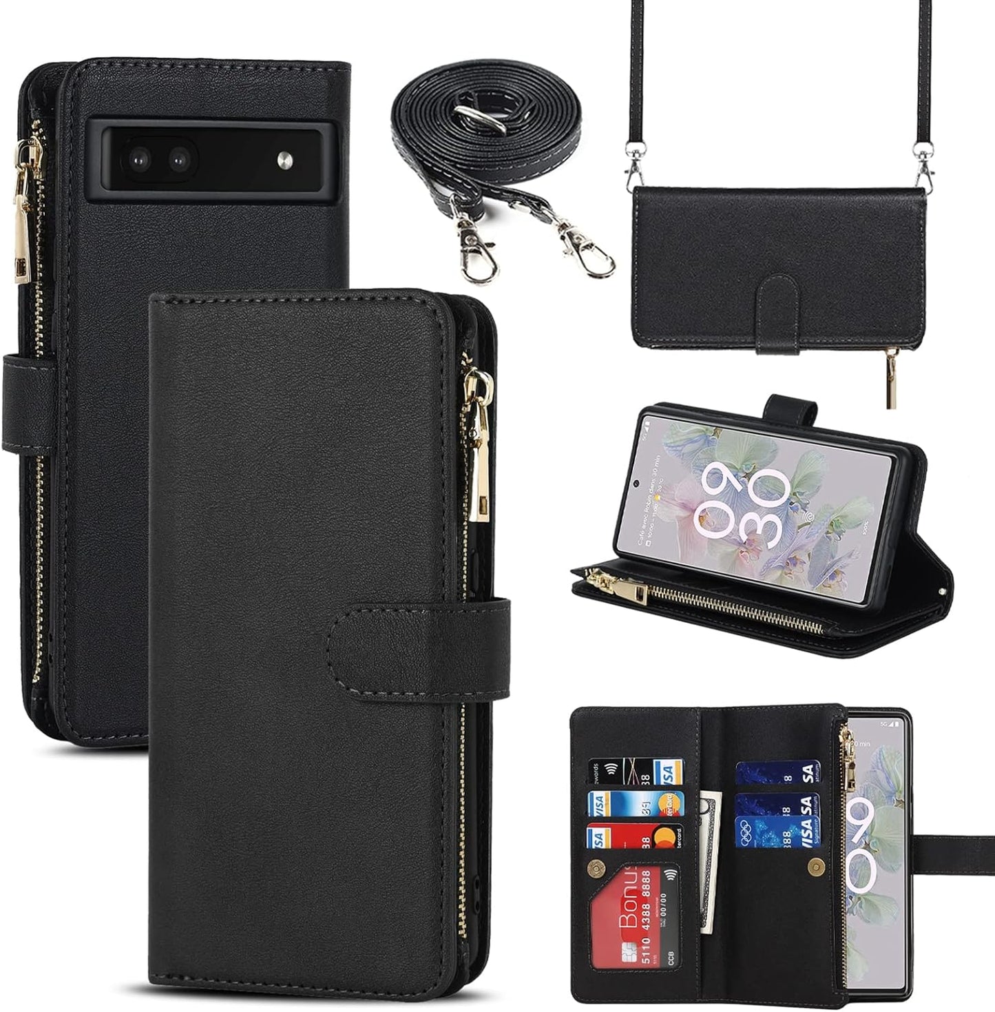 Jaorty Google Pixel 6A Case for Women with Card Holder 6.1" 5G 2022,Google Pixel 6A Phone Case with Strap,Crossbody Lanyard Cases with Credit Card Slots with Stand,Burgundy  Jaorty Black  