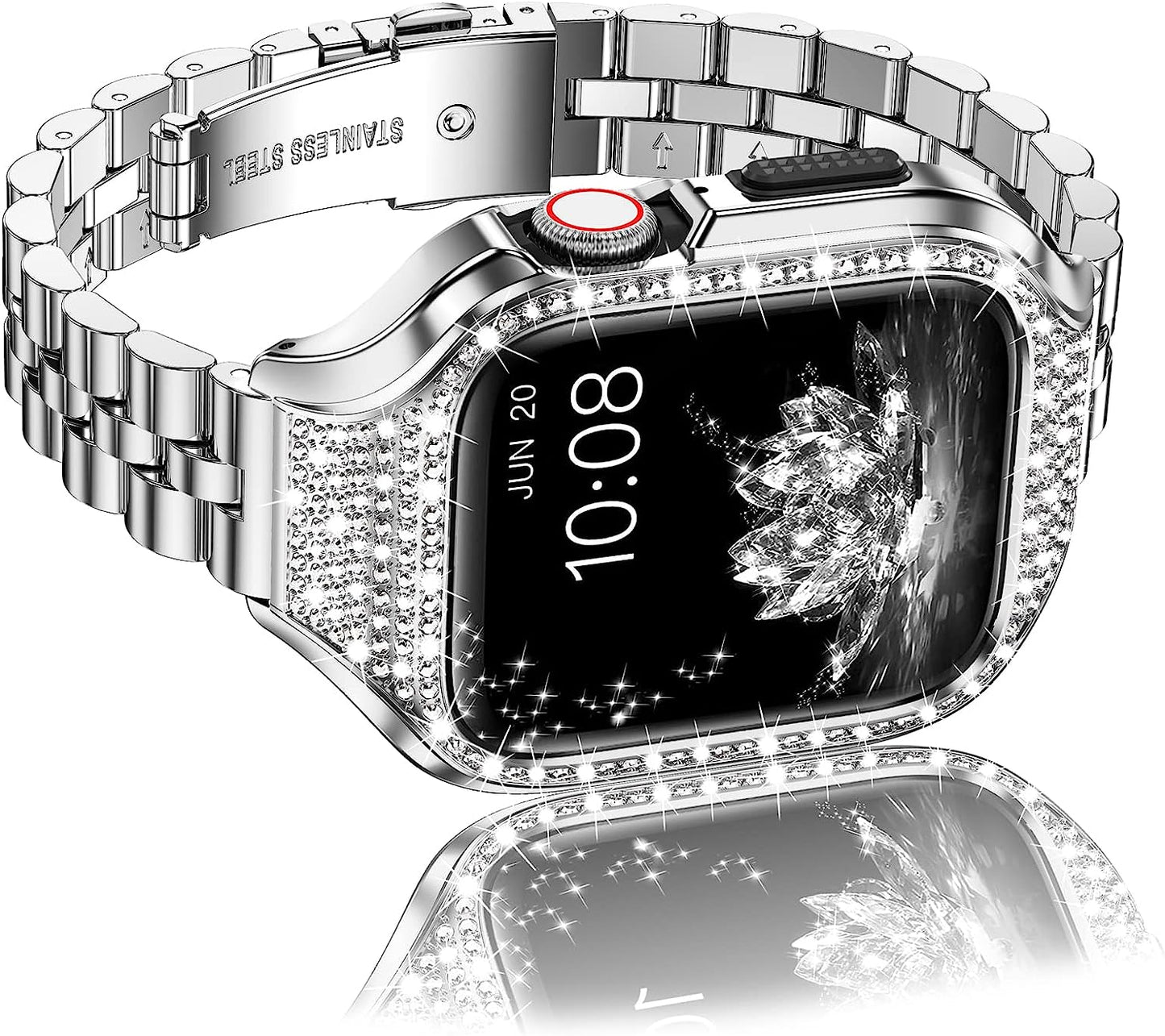 Miohhr Metal Case with Band Compatible with Apple Watch Band Series 8 7(41Mm),Series 6/5/4 (40Mm),Series 3/2/1 (38Mm),Slim Stainless Steel Strap with Bling Diamond Protective Bumper Cover for Iwatch Bands Women  MioHHR Silver 38/40/41mm 