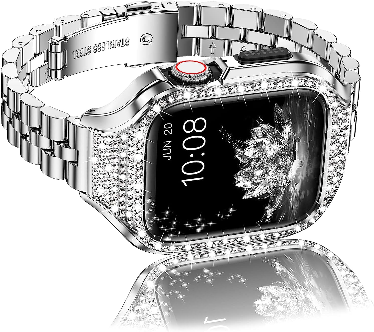 Miohhr Metal Case with Band Compatible with Apple Watch Band Series 8 7(41Mm),Series 6/5/4 (40Mm),Series 3/2/1 (38Mm),Slim Stainless Steel Strap with Bling Diamond Protective Bumper Cover for Iwatch Bands Women  MioHHR Silver 38/40/41mm 