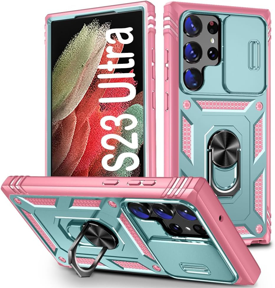 PASNEW for Samsung Galaxy S21 Ultra Case,Finger Ring Kickstand & Camera Cover Slide & Charge Port Dust Plug,Military Heavy Duty Full Body Shockproof Protective Hard Shell S21Ultra,6.8 Inch,Pink  PASNEW Green+Pink Samsung Galaxy S23 Ultra【6.8"】 