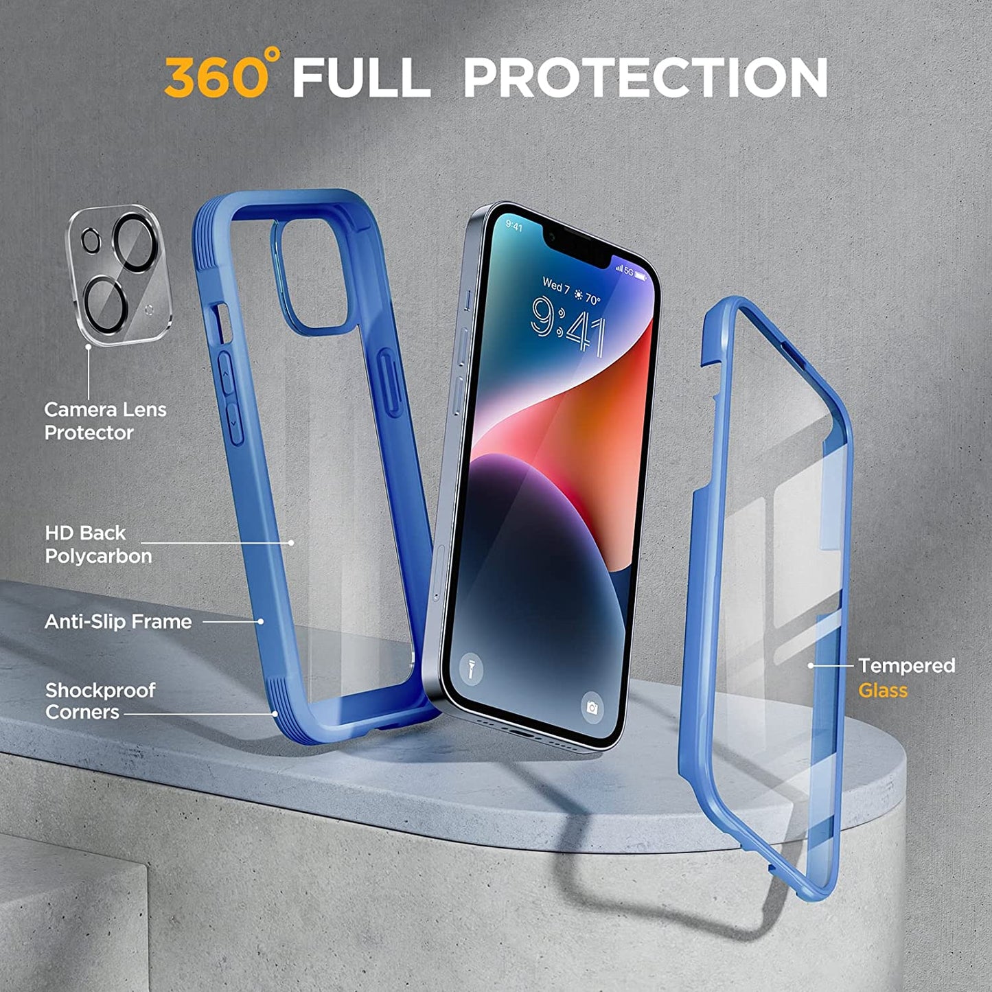 Miracase Glass Series Designed for Iphone 14 Case 6.1 Inch, 2023 Upgrade Full-Body Clear Bumper Case with Built-In 9H Tempered Glass Screen Protector and Camera Lens Protector,Blue  Miracase   