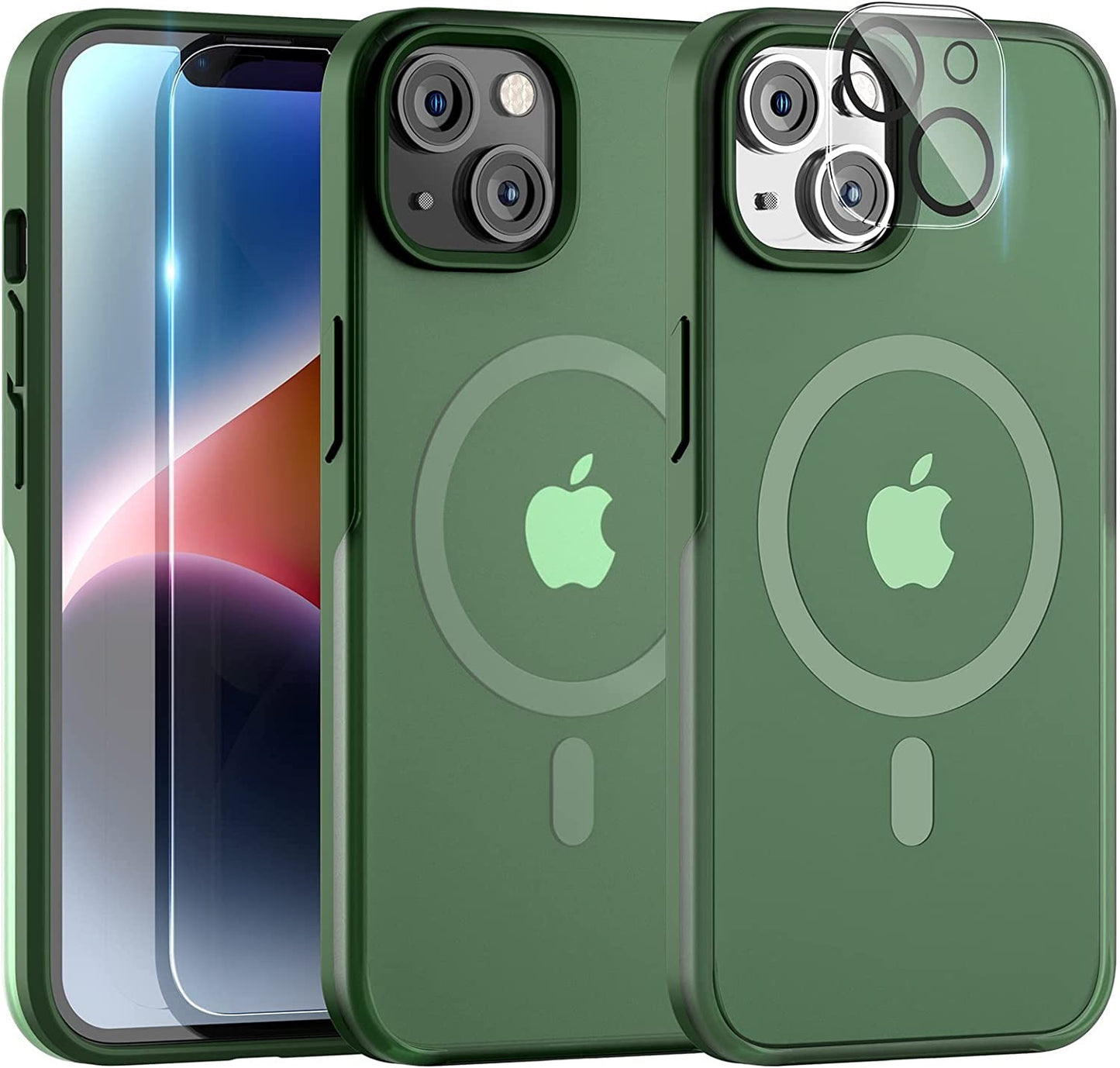 TAURI [5 in 1 Magnetic for Iphone 14 Case [Compatible with Magsafe] with 2 Screen Protector +2 Camera Lens Protector, [Military Grade Drop Protection] Translucent Matte Slim Case 6.1 Inch, Black  TAURI Green iPhone 14 