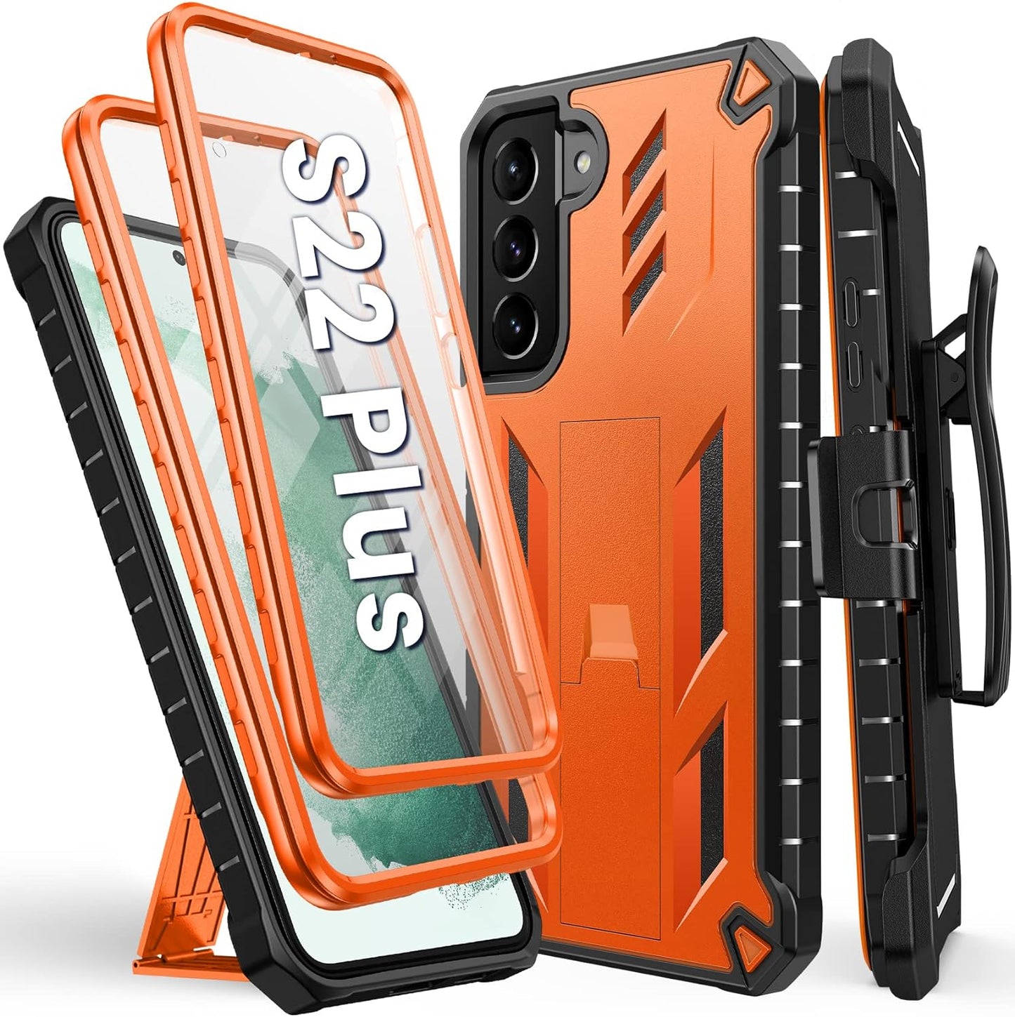 FNTCASE for Samsung Galaxy S22 plus Case: Shockproof Durable S22+ Cell Phone Cover with Built-In Kickstand | TPU Bumper Textured | Full-Body Protective Rugged Belt-Clip Holster Designed Black  DAMAI Orange  
