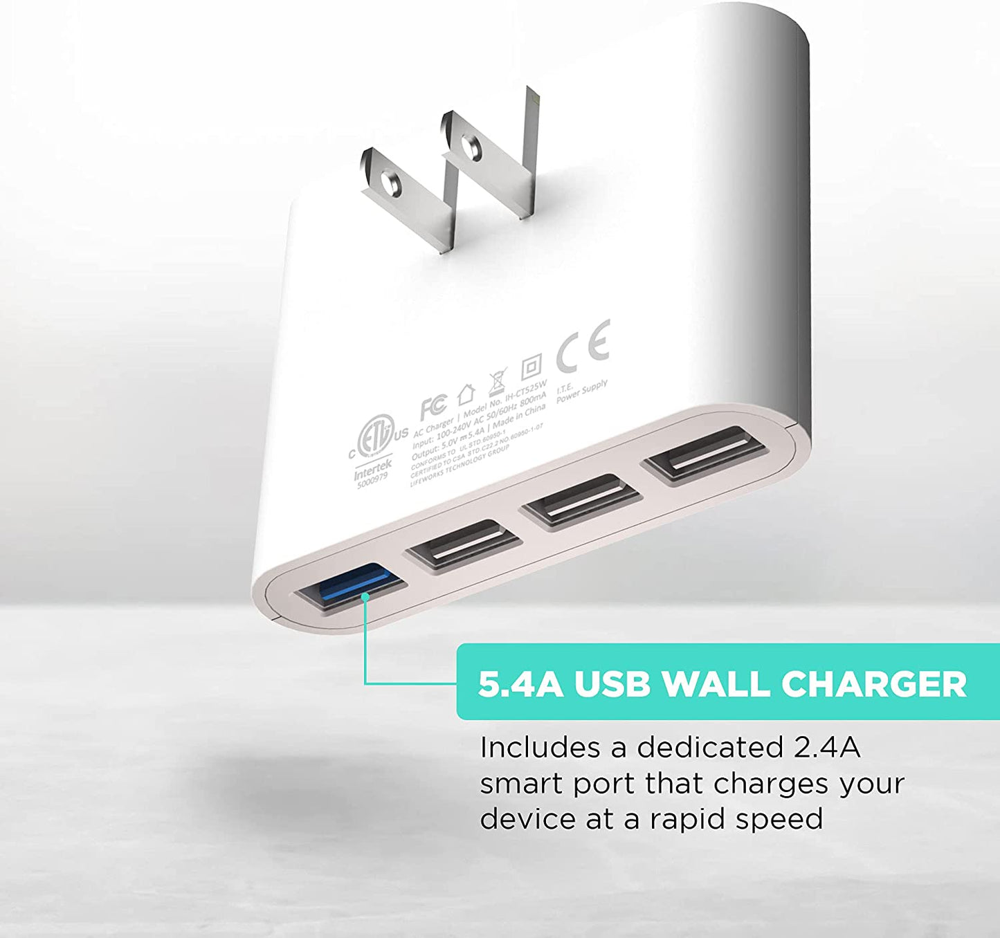 Ihome Slim USB Wall Charger: AC Pro Multiport USB Charger, USB Plug Adapter & Phone Charging Block, 4 USB Plugs for Wall Outlet, Flat 4 Port USB Charger & USB Wall Adapter  iHome by Lifeworks Technology   
