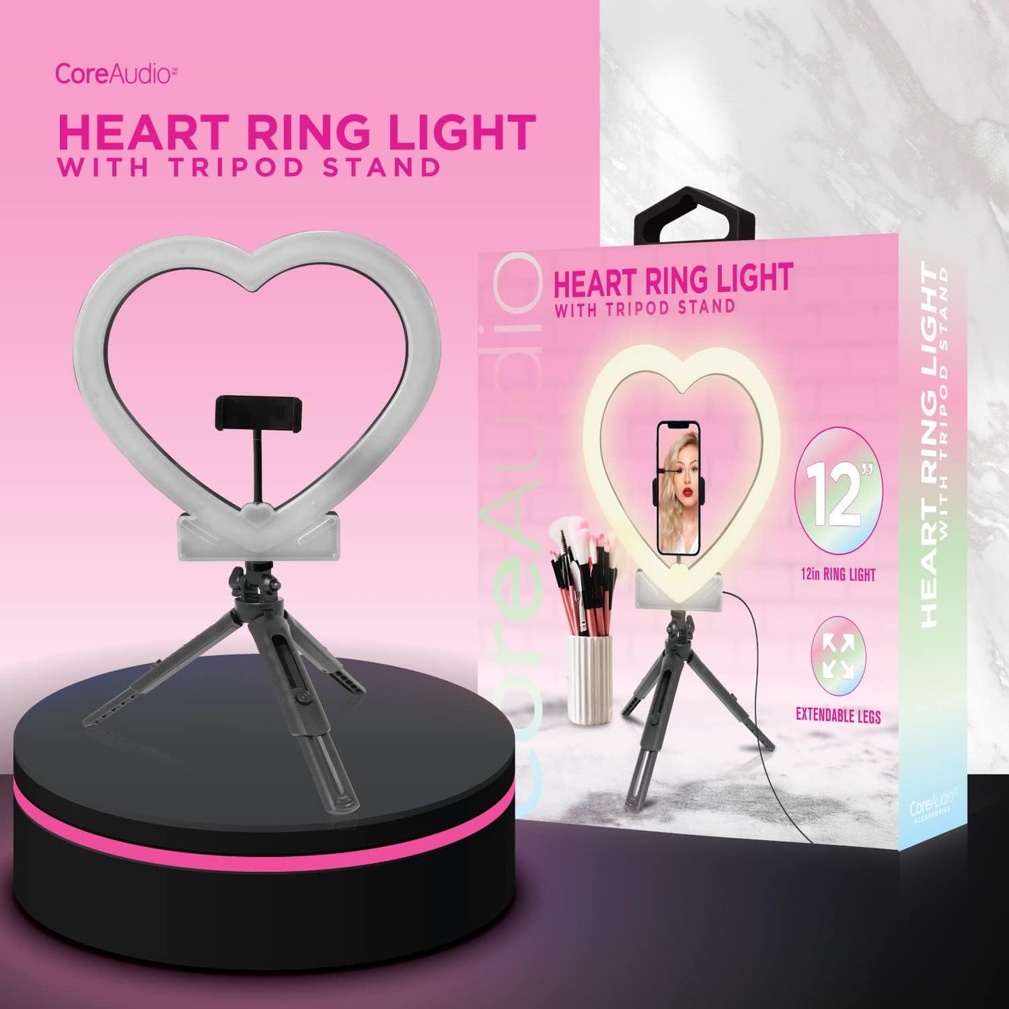 Coreaudio 12" Heart Shaped Ring Light with Phone Stand, Desktop Tripod with Ring Light for Photography, Makeup, Vlogging, Pictures, Video Recording, and Tiktok  iWorld LLC   