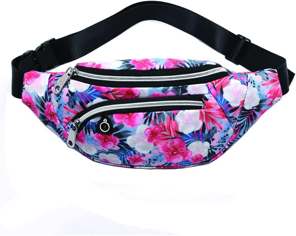 YUNGHE Waist Pack Bag for Men&Women - Fanny Pack for Workout Traveling Running.  YUNGHE Pink white flowers black leaf  