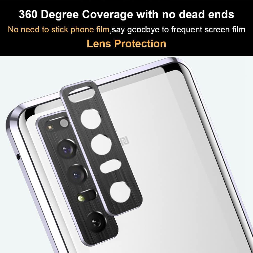 Compatible Sony Xperia 1 III Case Clear,Magnetic Slim Metal Frame Double-Sided Transparent Tempered Glass Case with Screen Lens Protect,Black  QUIETIP   