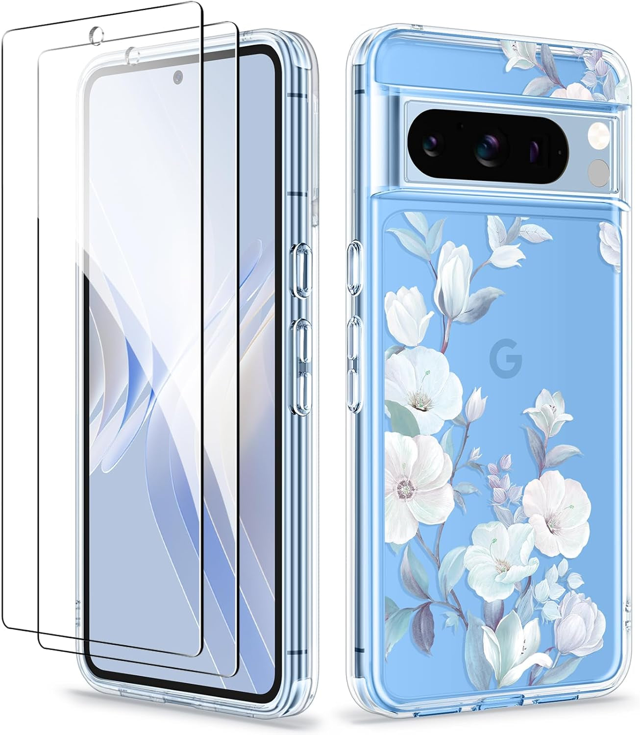 GVIEWIN Compatible with Google Pixel 8 Pro Case, with 2X Screen Protectors, [Not Yellowing + Military Grade Drop Tested] Clear Floral Slim Shockproof Protective Women Phone Case(Catharanthus/Pink)  GVIEWIN Hibiscus  