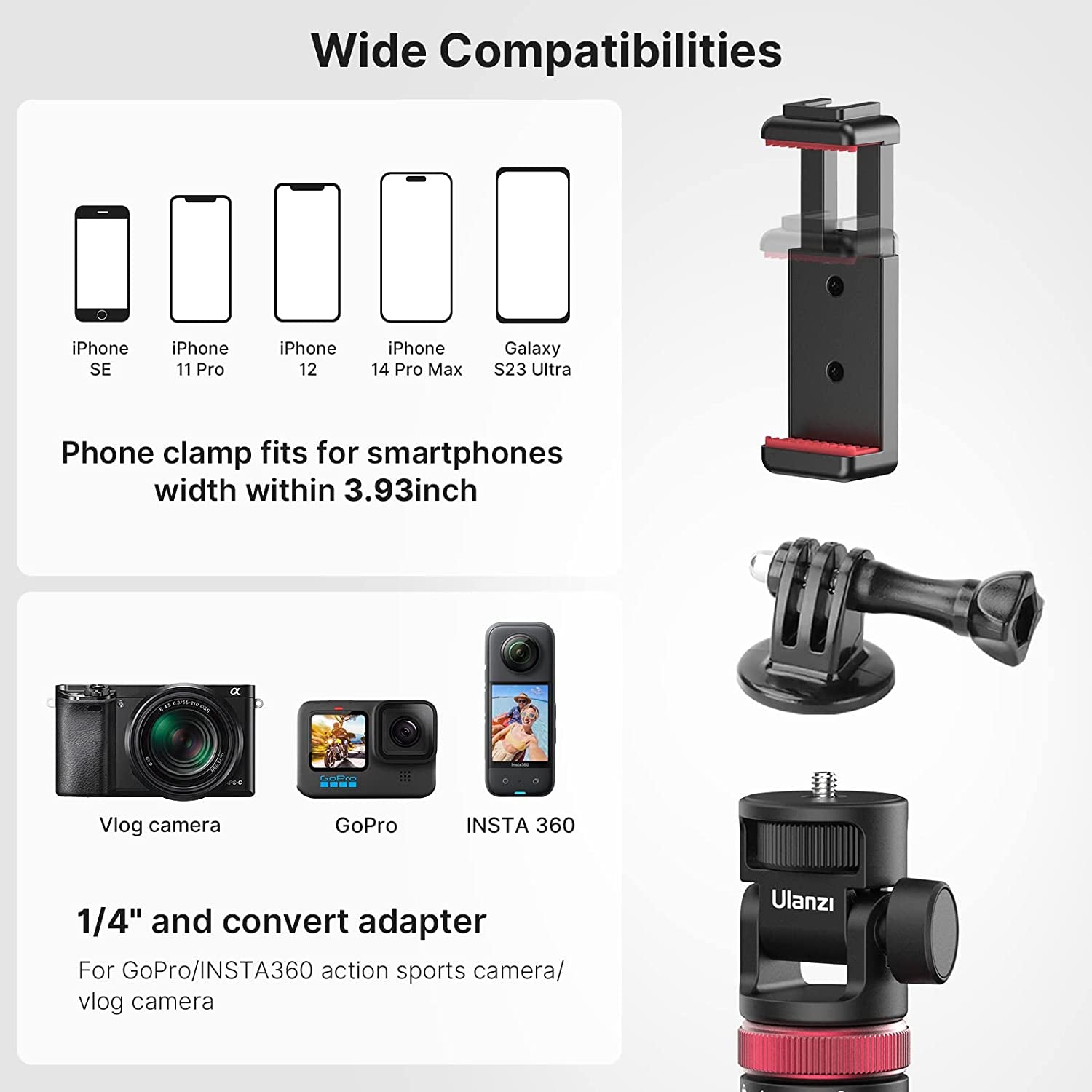 57.48 Inch Extendable Selfie Stick for Action Camera W Smartphone Clamp Extension Pole, for Gopro for Sony Canon Vlogging Cams for Iphone 14 13 Pro Max  POLE3266   