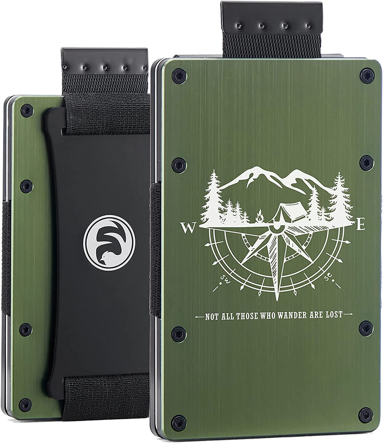 Men Minimalist Metal Wallet with ID Window Money Clip | Slim Front Pocket RFID Blocking Aluminum EDC Tactical Wallets with Cash Strap | Personalized Mini Multifunction Card Holder for Travel Business  FeiYen Landscape Compass-Brushed Army Green  