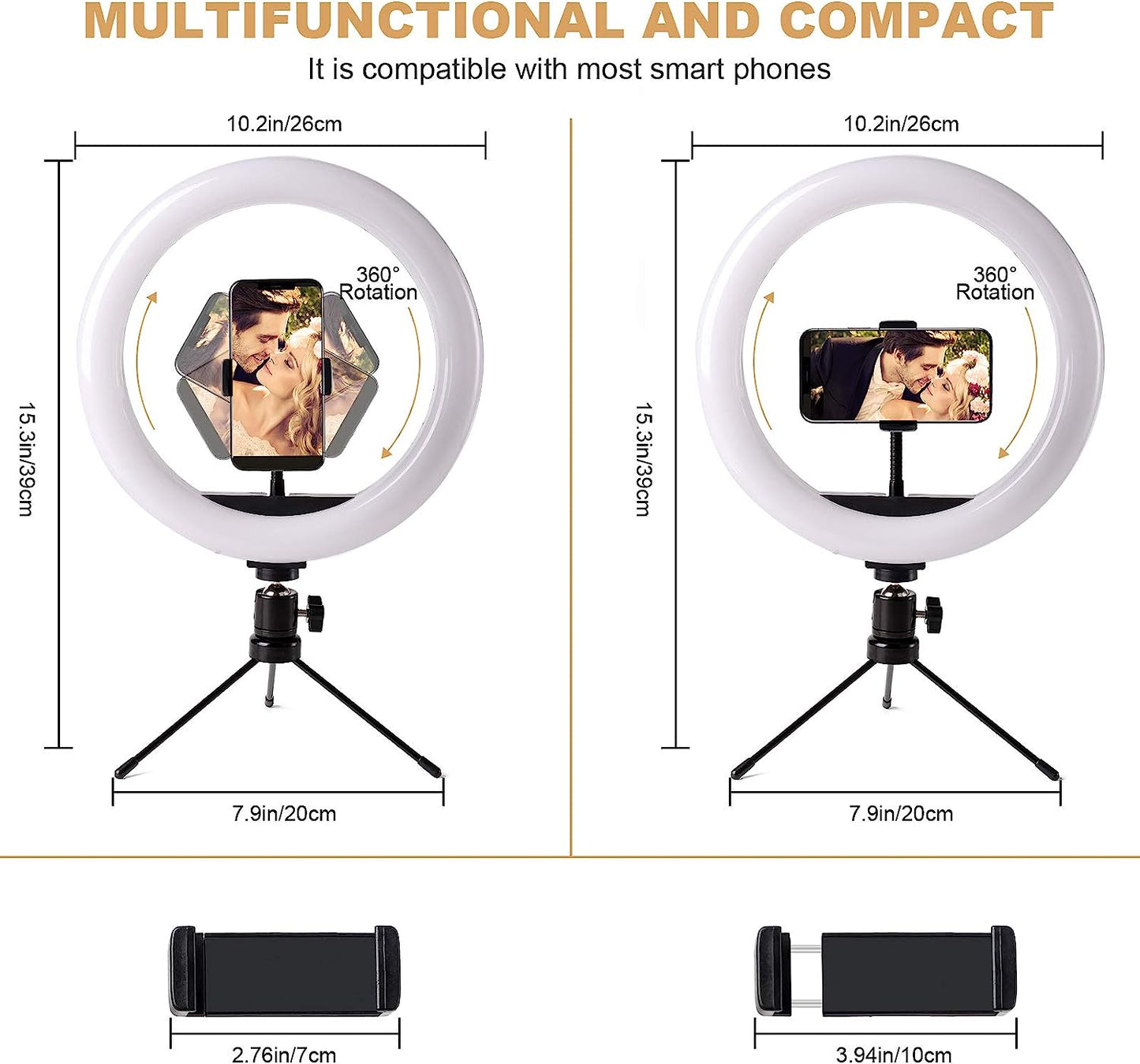 HPUSN 10" Desktop Selfie Ring Light with Tripod Stand & Phone Holder, Dimmable Desk LED Makeup Ring Light for Photography, Shooting with 3 Light Modes,Compatible with Iphone & Android  HPUSN   