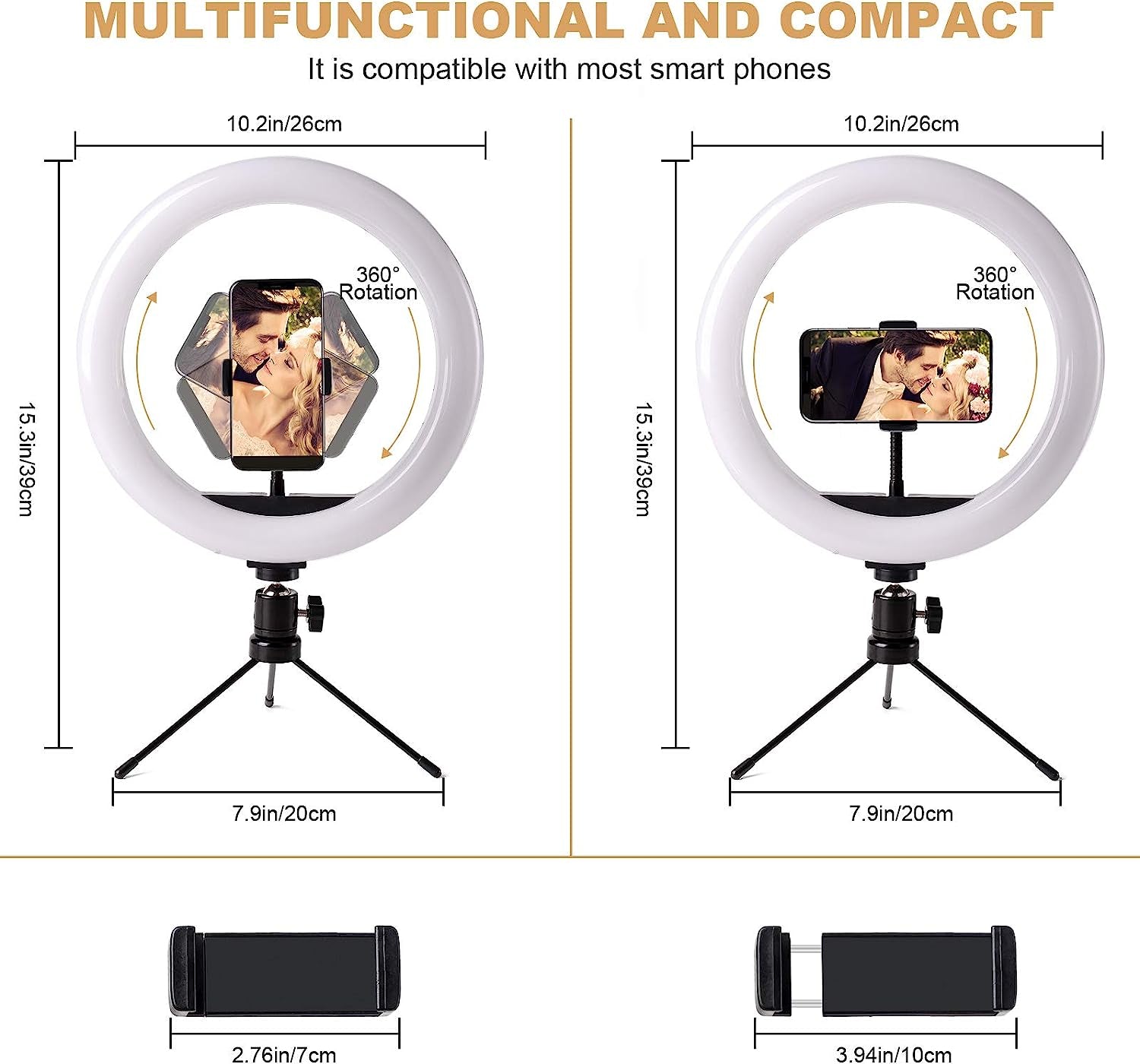 HPUSN 10" Desktop Selfie Ring Light with Tripod Stand & Phone Holder, Dimmable Desk LED Makeup Ring Light for Photography, Shooting with 3 Light Modes,Compatible with Iphone & Android  HPUSN   