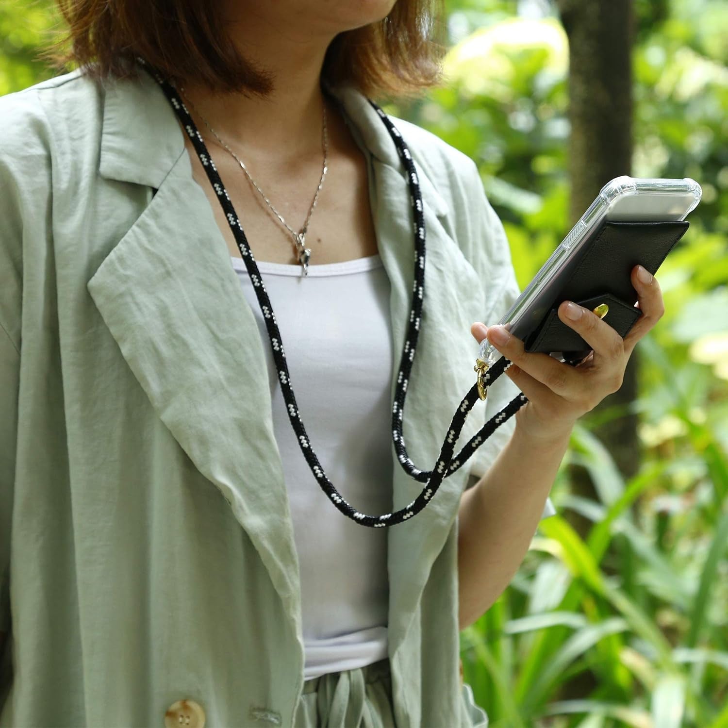 Cadorabo Necklace Case Compatible with LG V40 in Black Silver - Transparent TPU Silicone Cover with Golden Rings, Sling Strap and Removable Etui  Cadorabo   