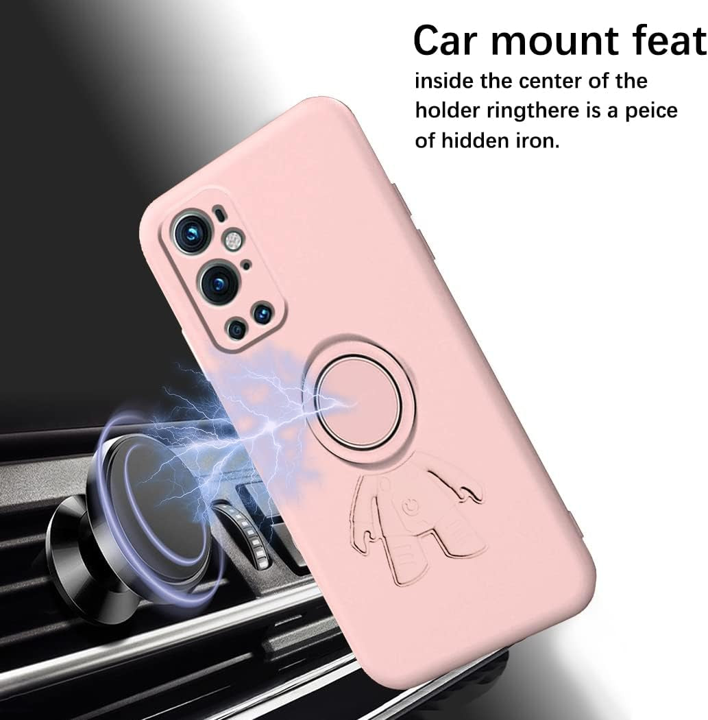 Compatible with Oneplus 9 Pro Case with Creative Astronaut Pattern Holder Green, Oneplus 9 Pro Phone Case with Ring Kickstand Silicone Shockproof Soft TPU Protective Slim Cover (Pink)  Wousunly   