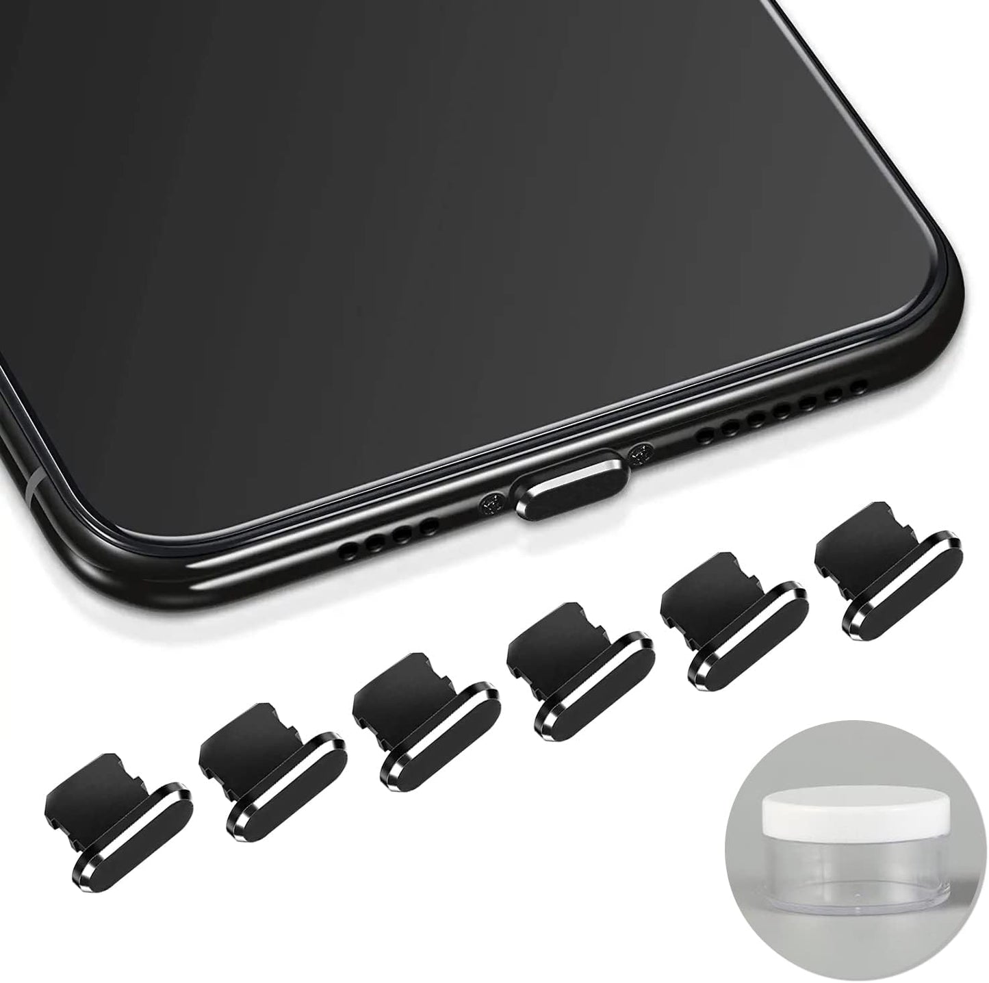6-Pack Aluminum Anti-Dust Plugs for Iphone 13 12 Pro Max 11 XR XS 7 8 plus Airpods Dust Cover for Lightning Charging Port with Mini Storage Case (Black)  LYRYBEYCA   