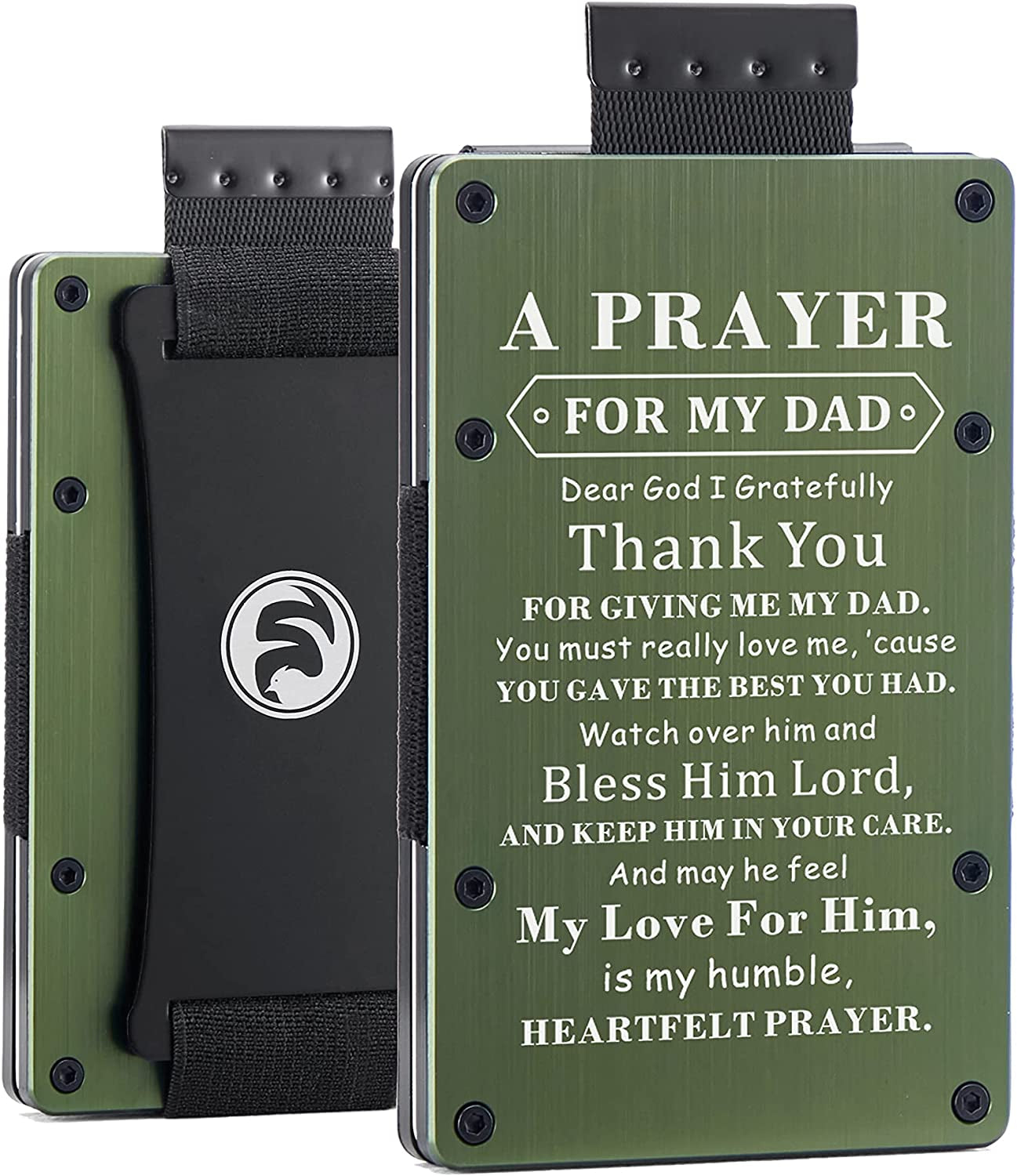 Men Minimalist Metal Engraved Wallet for Son Dad Husband Boyfriend | Slim Front Pocket RFID Blocking Aluminum Tactical Card Holder with Cash Strap | Personalized Birthday Christmas Graduation Gift  FeiYen For dad from children-Brushed army green  