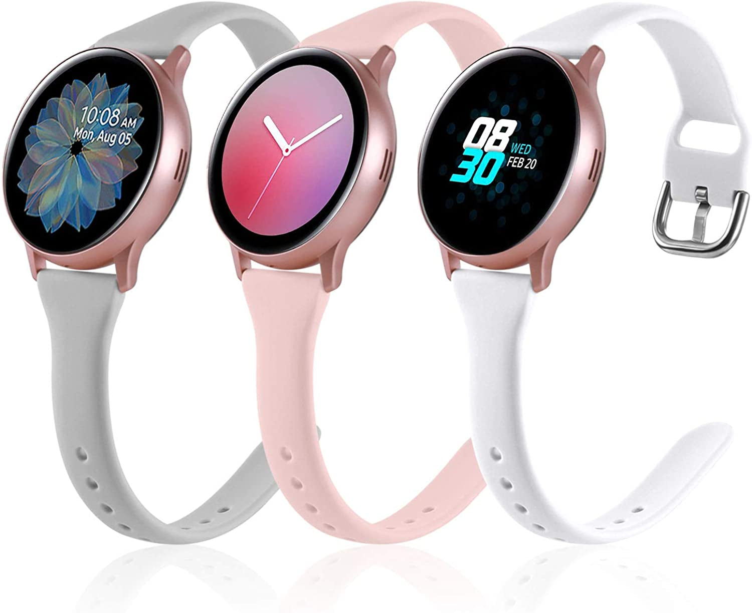 Vcegari (3 Pack) Band Compatible with Samsung Active 2 Watch 40Mm 44Mm, Galaxy Watch 3 41Mm/Galaxy Watch 42Mm/Gear S2 Classic/Gear Sport Bands, 20Mm Slim Silicone Sport Strap for Women Men  Vcegari Gray/Pink/White Large 