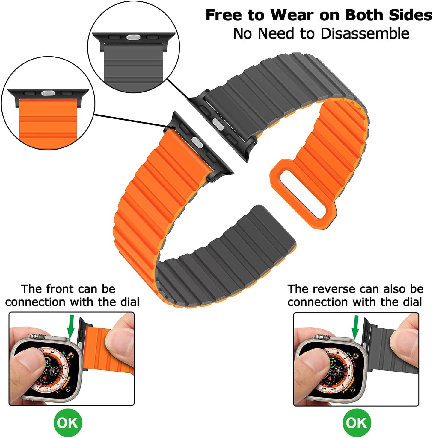 Tasikar Compatible with Apple Watch Band 49Mm 45Mm 44Mm 42Mm Silicone Magnetic Loop Bands [Double Sided Wearable] Designed for Apple Watch Ultra Series 8 7 (45Mm) SE 6 5 4 (44Mm) 3 2 1 (42Mm), Grey Orange  Tasikar   