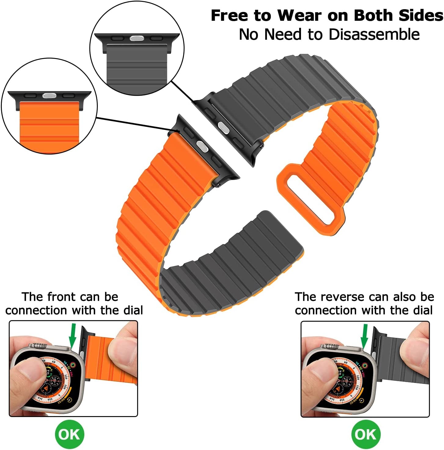 Tasikar Compatible with Apple Watch Band 49Mm 45Mm 44Mm 42Mm Silicone Magnetic Loop Bands [Double Sided Wearable] Designed for Apple Watch Ultra Series 8 7 (45Mm) SE 6 5 4 (44Mm) 3 2 1 (42Mm), Grey Orange  Tasikar   