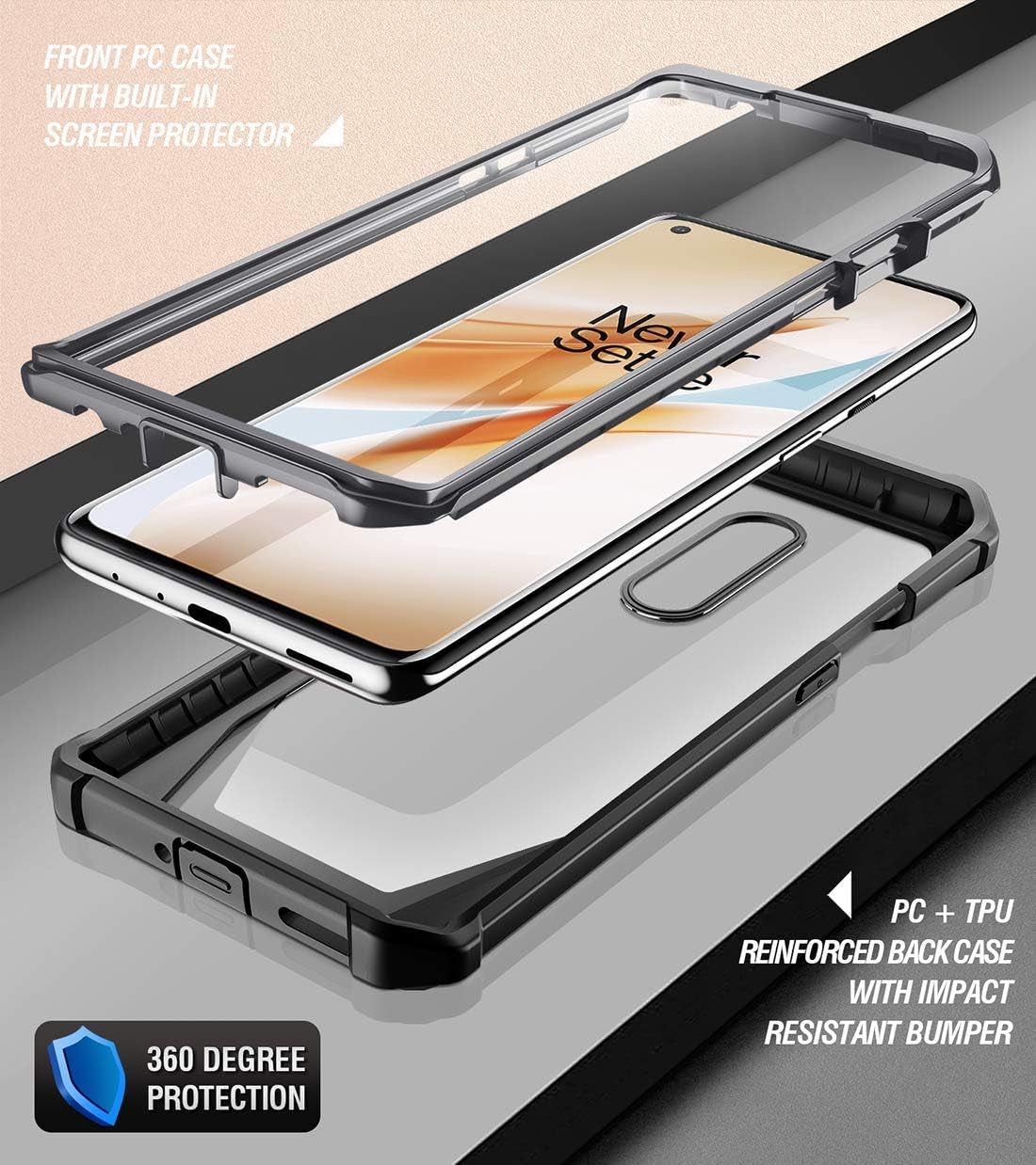 Poetic Guardian for Oneplus 8 Case, [Not Compatible with Verizon Version] Full-Body Hybrid Shockproof Bumper Cover with Built-In-Screen Protector, Black/Clear  Poetic   