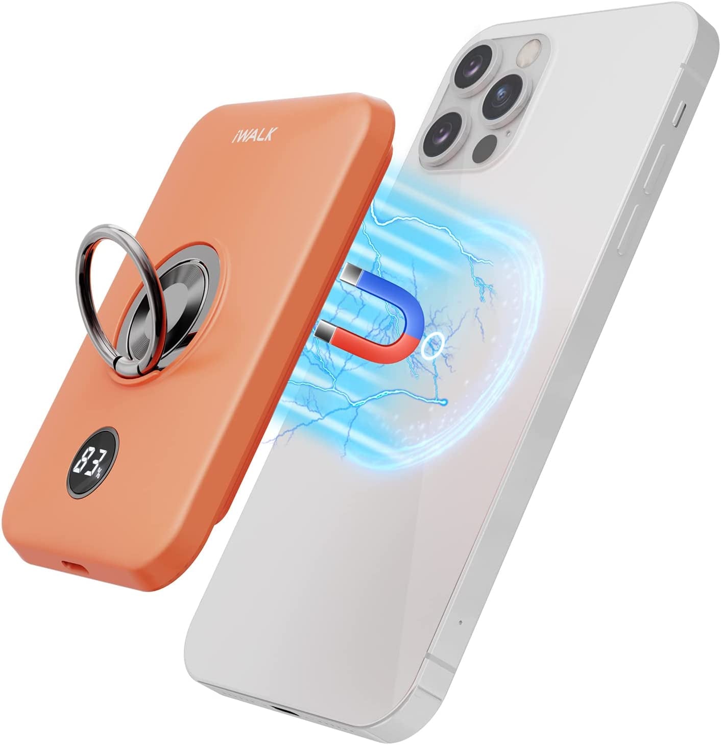 Iwalk Magnetic Wireless Power Bank, 6000Mah Portable Charger with Finger Holder, Stronger Magnet Stick for Phone with Unique Mag-Suction Tech, Only Compatible with Iphone 14/13/12 Pro Max  iWALK Orange  