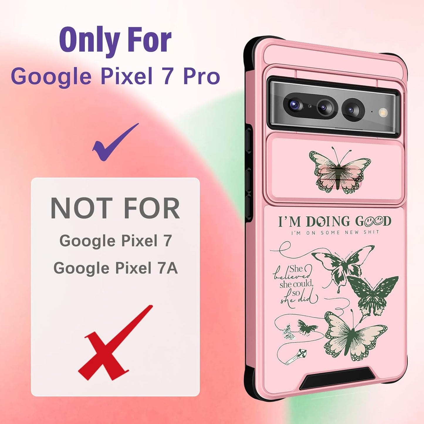 Funermei (2In1 for Google Pixel 7 Pro Case for Women Cute Butterfly Phone Cover Girls Teens Flower Pretty Aesthetic Green Design with Camera Cover and Ring Stand Funda for Google Pixel Pro 7 Case  Funermei   