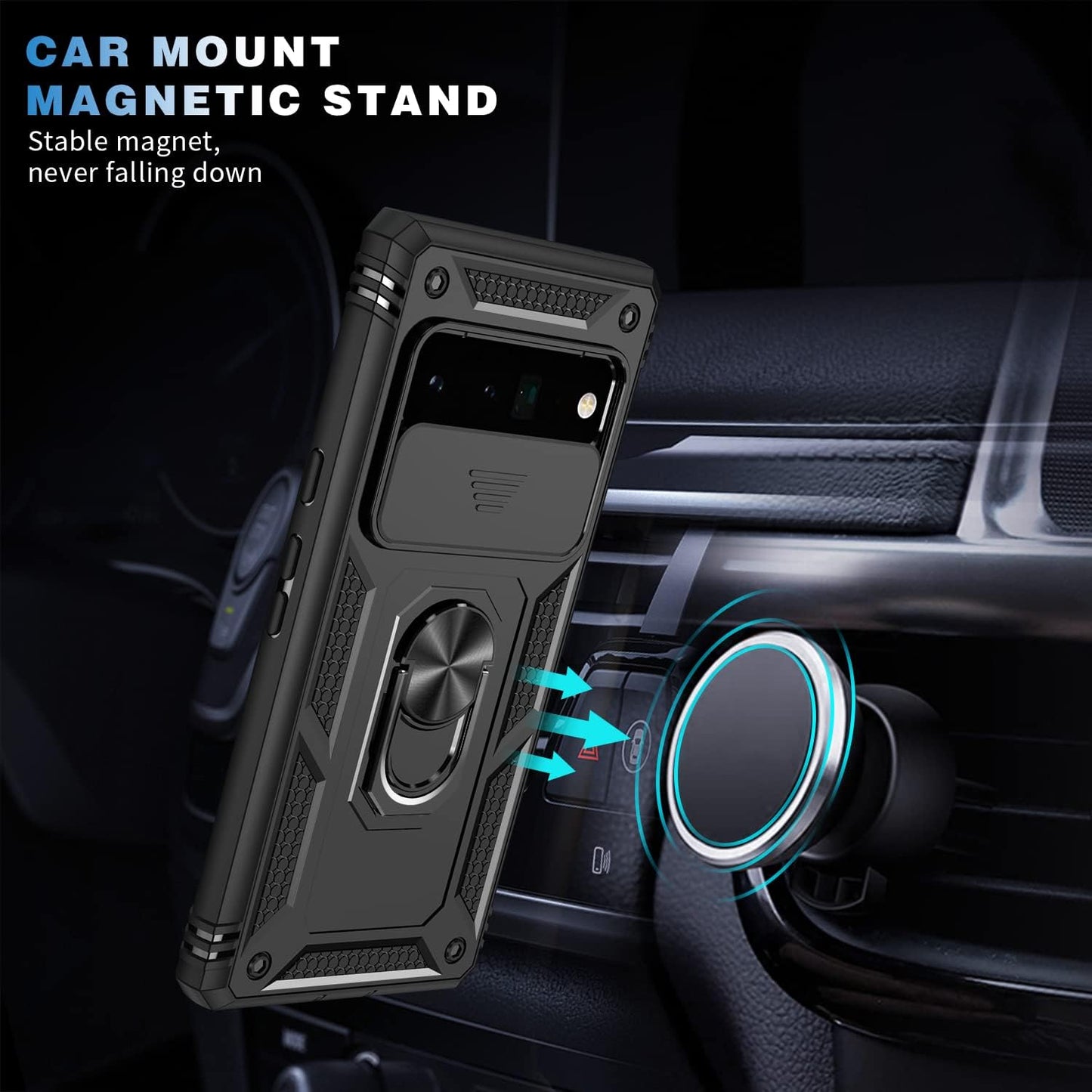 IYTRRYH for Google Pixel 6 Pro Case 5G with Tempered Glass Screen Protector with Magnetic Car Kickstand Ring&Camera Cover Shockproof Military Grade Drop Heavy Duty Protection Men Pixel 6 Pro 6.7'Black  IYTRRYH   