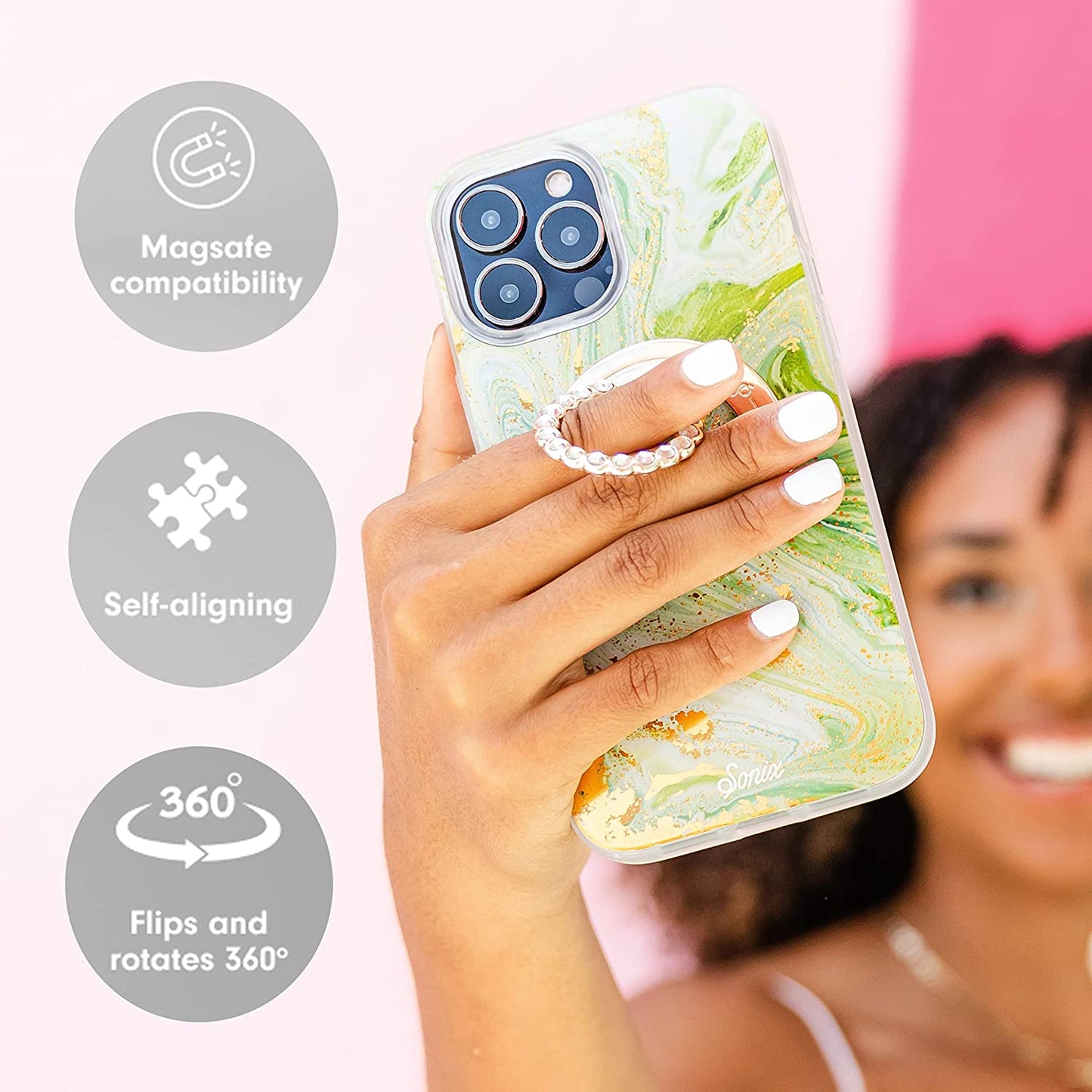 Sonix Magnetic Phone Ring Holder with Finger Ring and Phone Stand for Iphone 14/13 / 12 Series Magsafe Cases (Gold/Clear)  Lenntek   